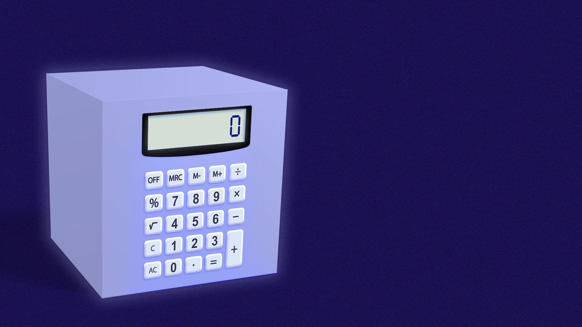 Illustration of calculator buttons and a screen on one side of a glowing cube.
