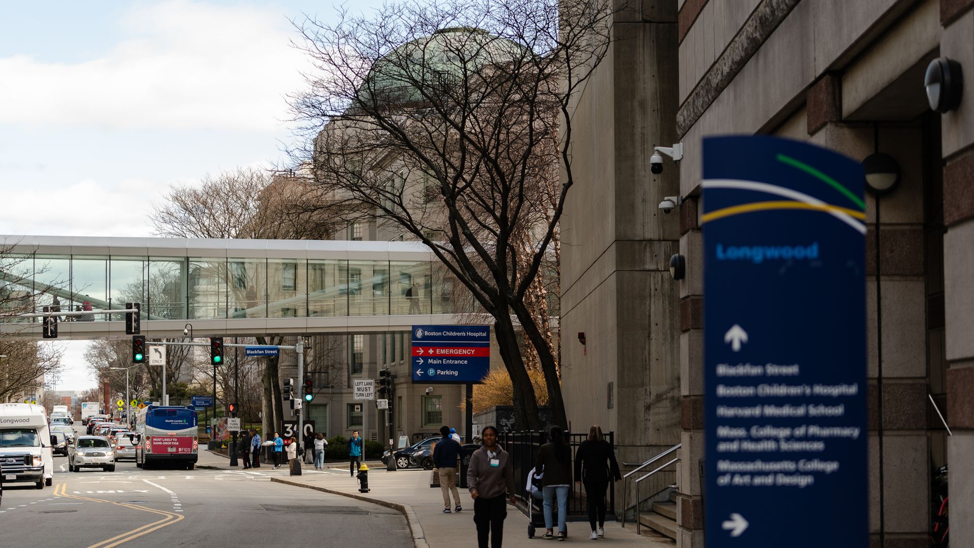 Pedestrians in the Longwood Medical Area, where Boston Children's Hospital is located on April 16, 2025.
