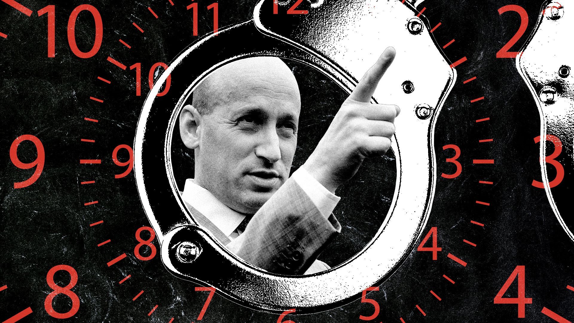 Photo illustration of Stephen Miller inside a pair of handcuffs alongside an expanding radial pattern of clock faces.