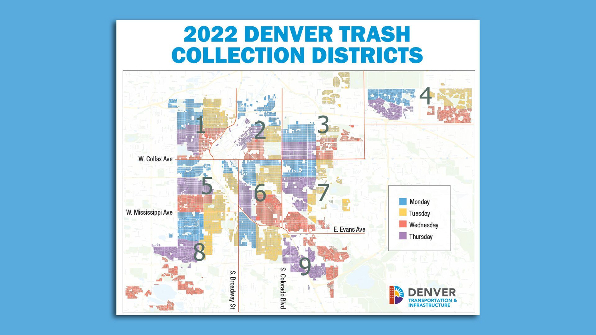 A map of Denver trash pickup days. Courtesy of Denver's Department of Transportation and Infrastructure