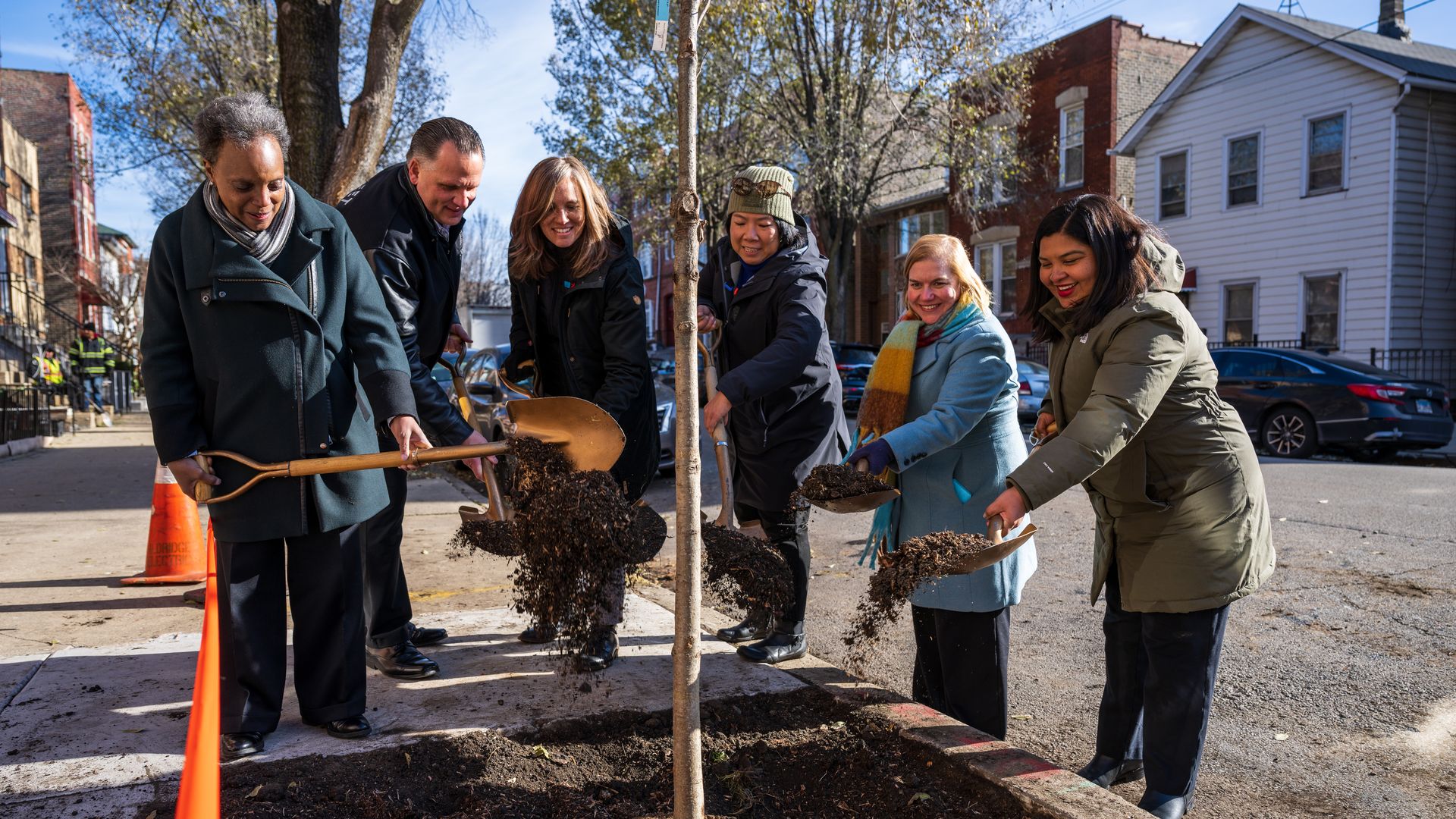 Photo of people planting a tree. 