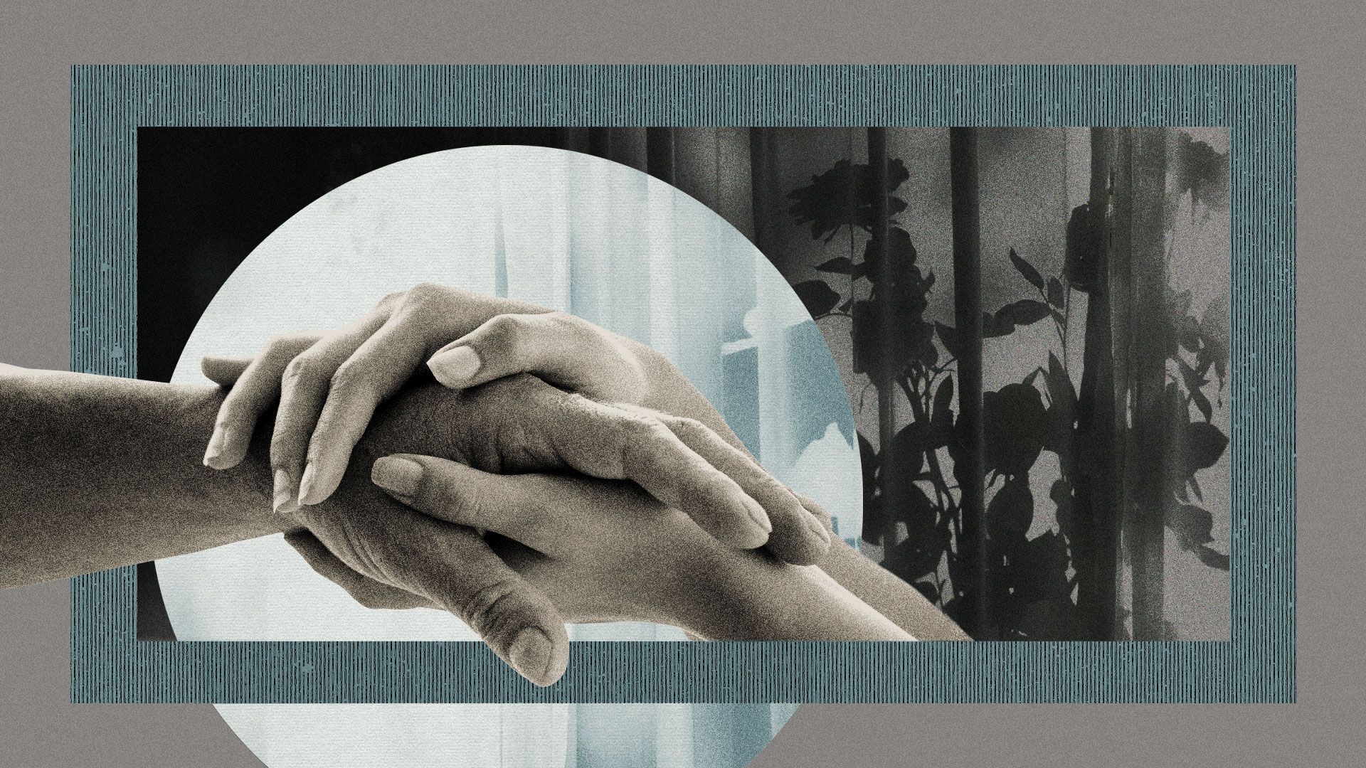 Illustration of a collage of hands holding and a bouquet of flowers behind a curtain. 