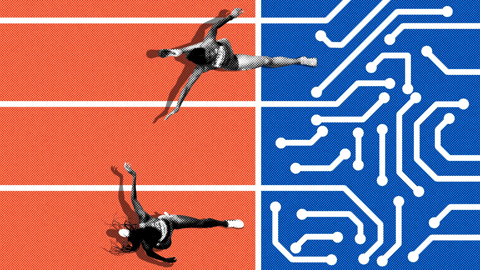 Photo illustration of two runners approaching the finish line, as the lanes become a circuit pattern.