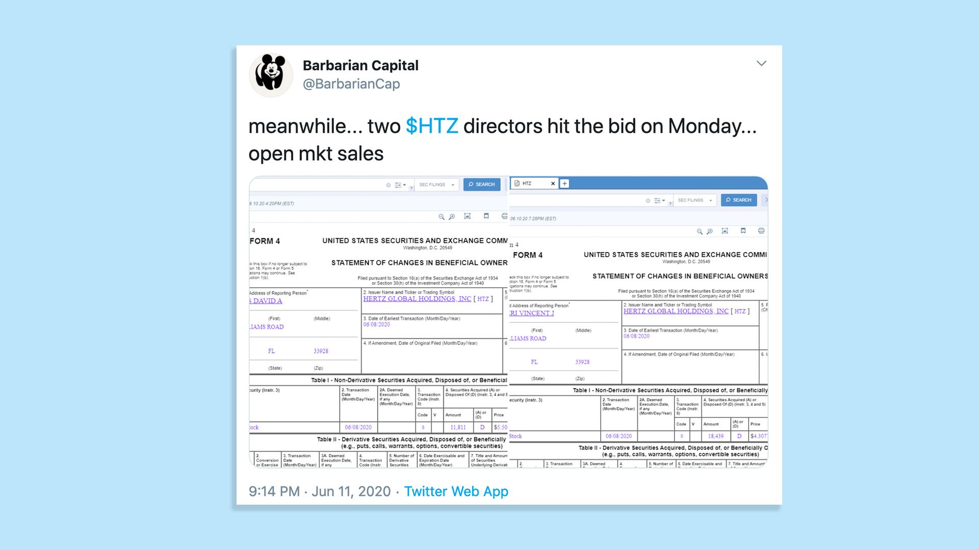 A tweet from Barbarian Capital that shows documents of Hertz filing for bankruptcy