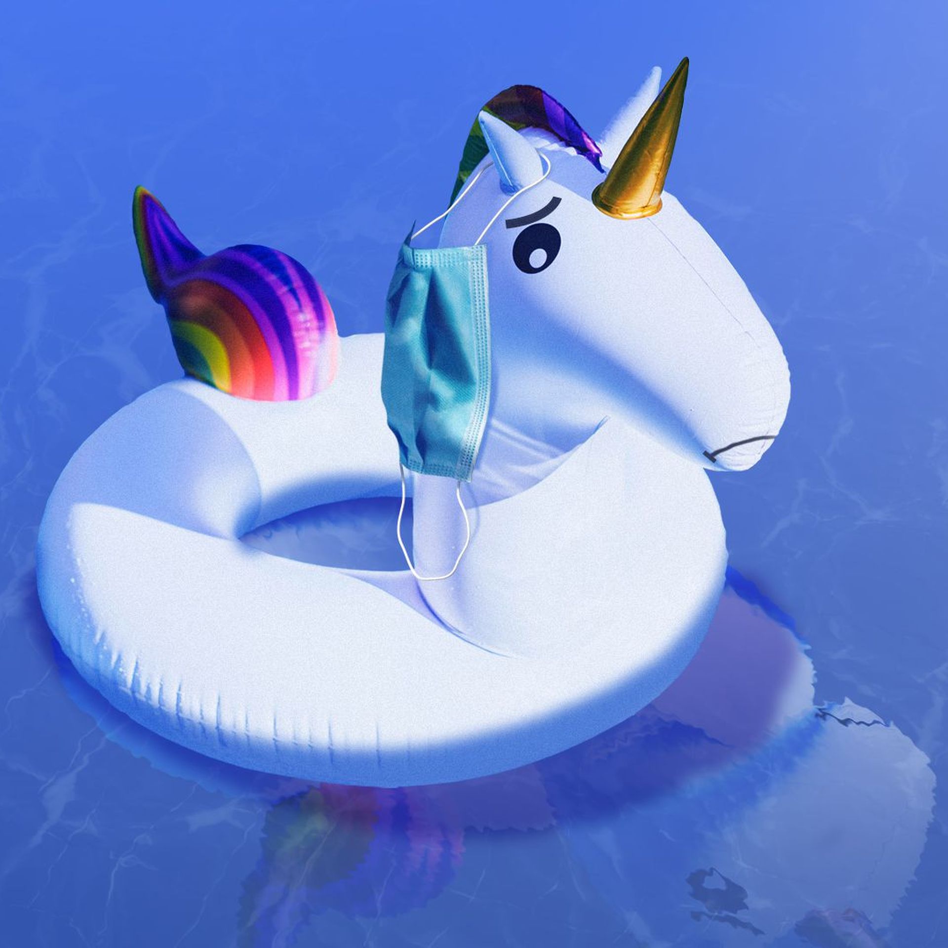 Illustration of a sad-looking inflatable unicorn pool tool with a mask