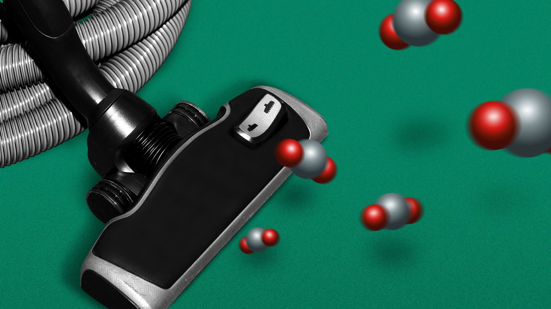 Illustration of a vacuum sucking up CO2 molecules from the air.