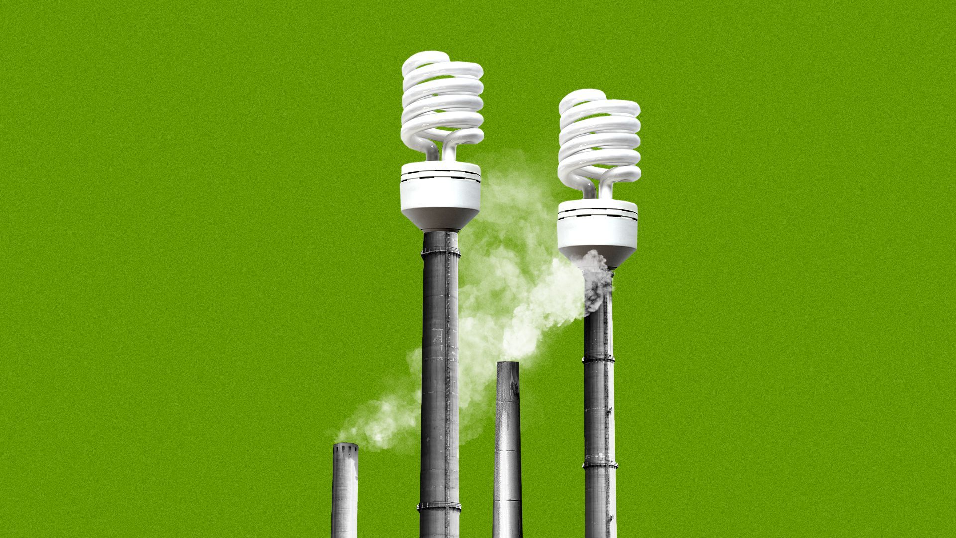 Illustration of a set of smoke stacks with energy efficient bulbs screwed into them.