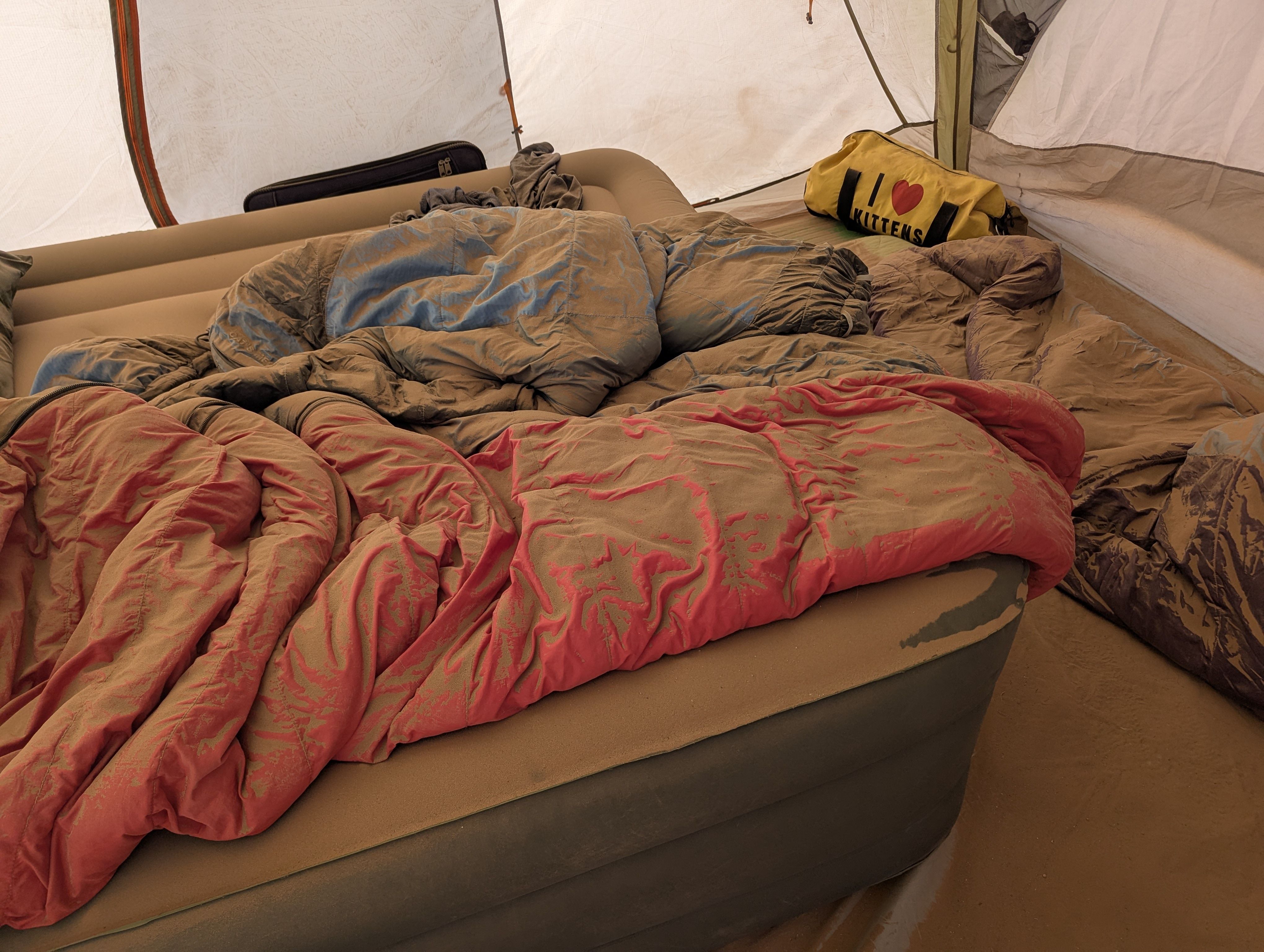 Brown dust covers camping gear