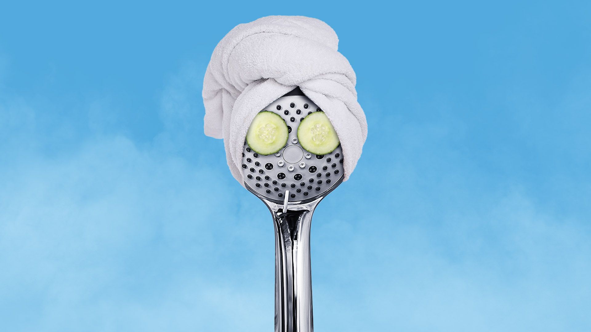 An illustration showing a shower head made to look like a person with cucumbers over the "eyes" and a towel wrapped around the "head"
