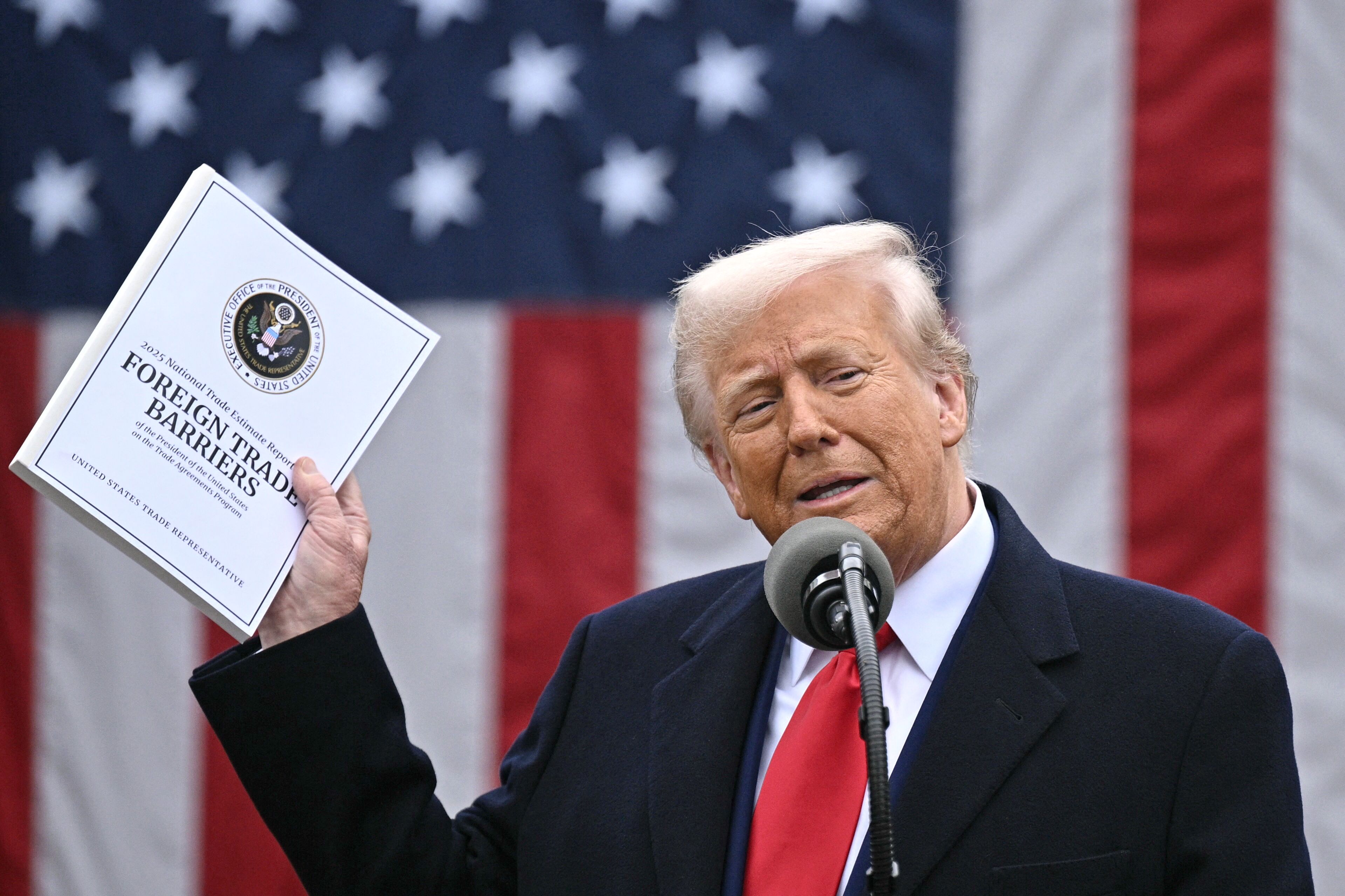 TOPSHOT - US President Donald Trump delivers remarks on reciprocal tariffs during an event in the Rose Garden entitled "Make America Wealthy Again" at the White House in Washington, DC, on April 2, 2025. Trump geared up to unveil sweeping new "Liberation Day" tariffs in a move that threatens to igni