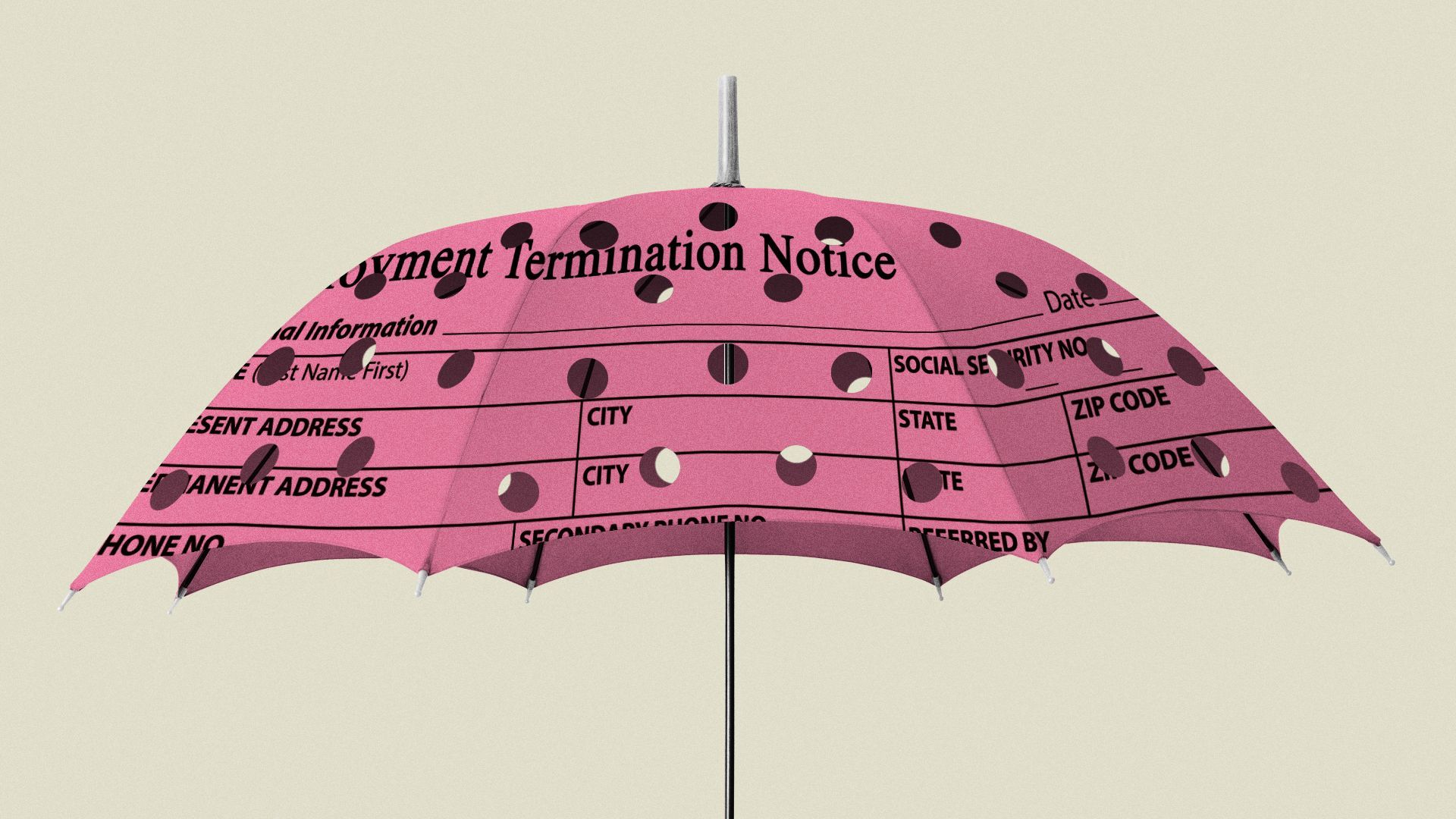 Illustration of a pink slip umbrella with holes in it. 
