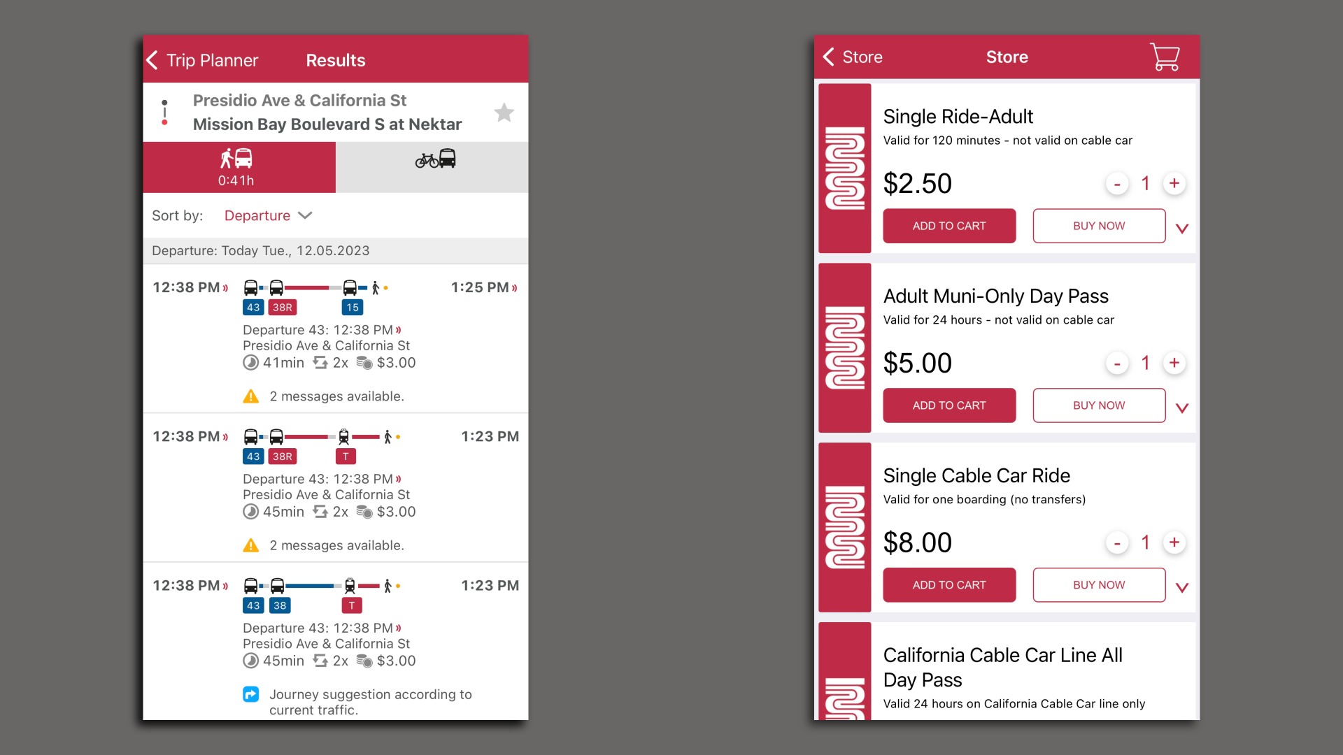 Screenshots of the MuniMobile 2 app showing route planning and ticket purchase options