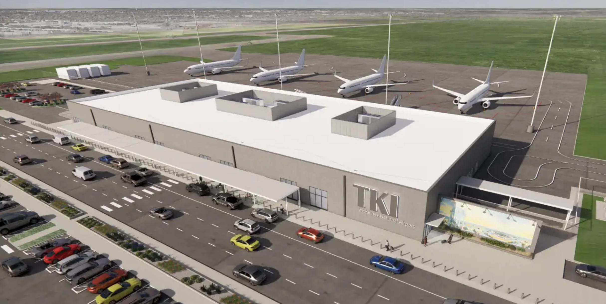 A rendering of an airport with four gates, and planes parked on each of them