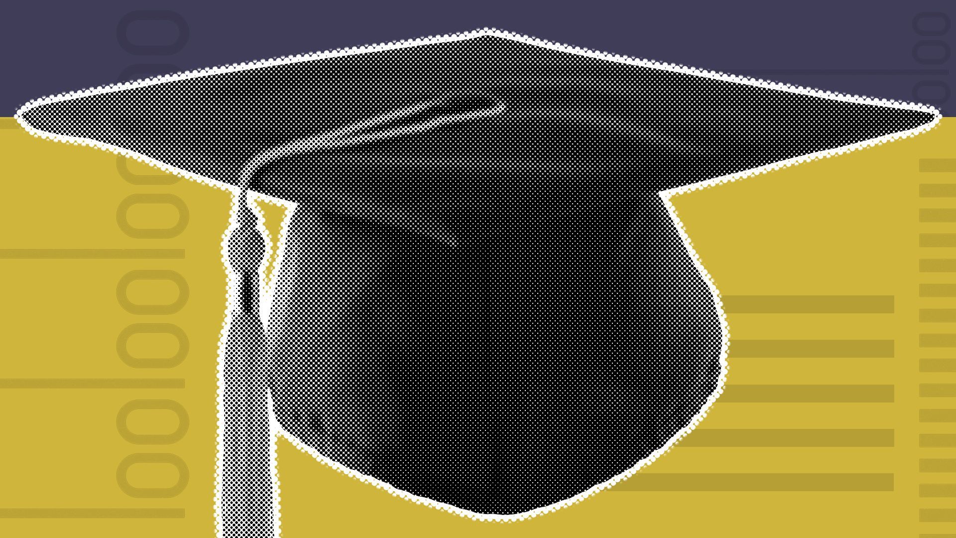 Illustration of a graduation cap against a background with abstract shapes.