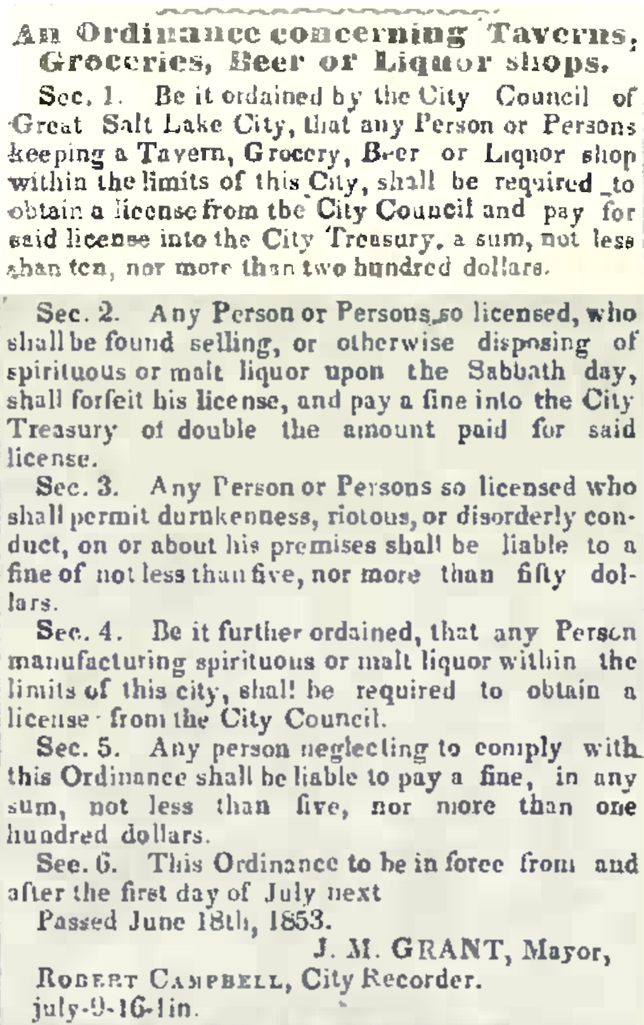An 1853 liquor ordinance printed in an old newspaper