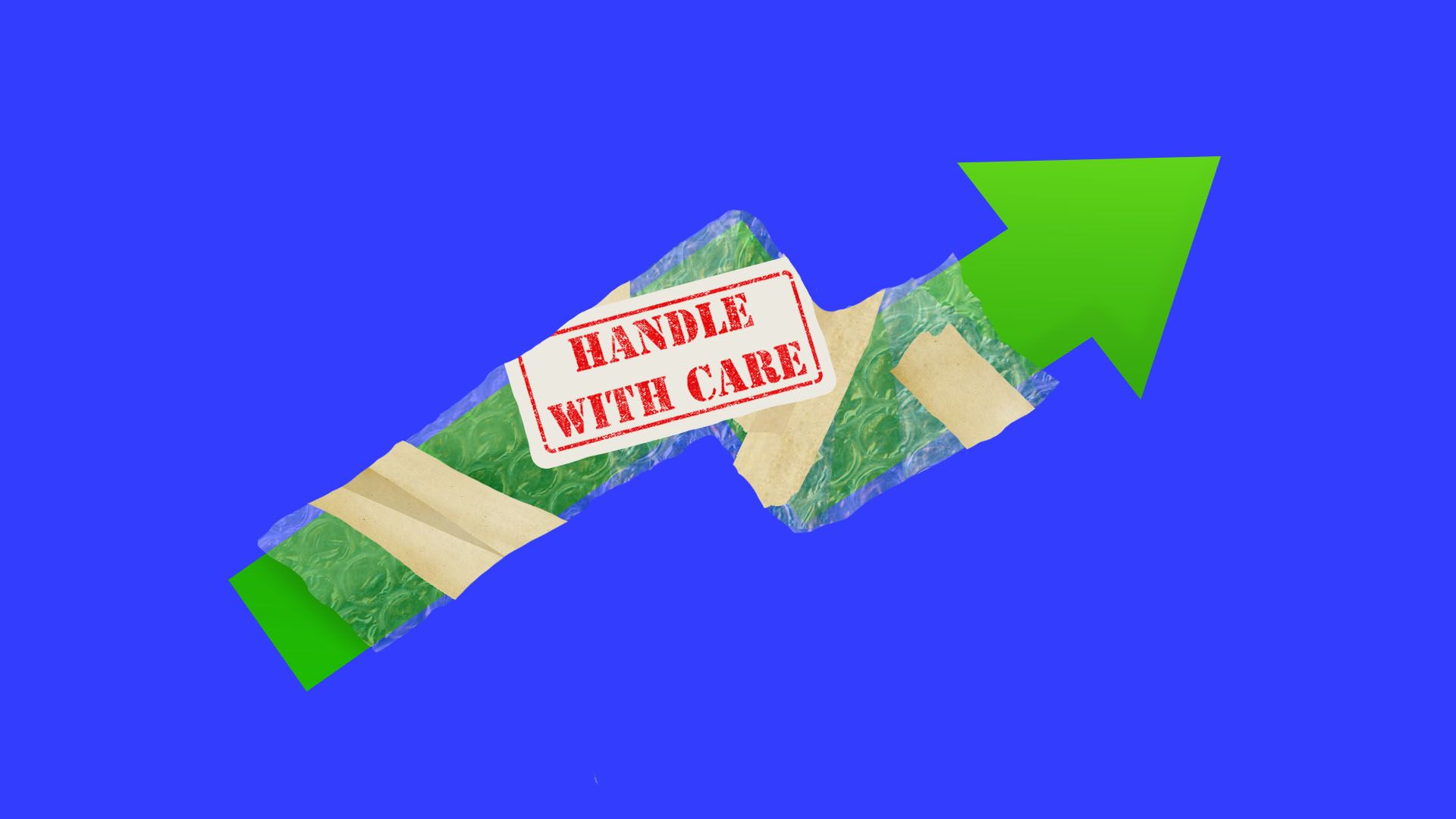 Illustration of upward trending market arrow wrapped in bubble wrap.