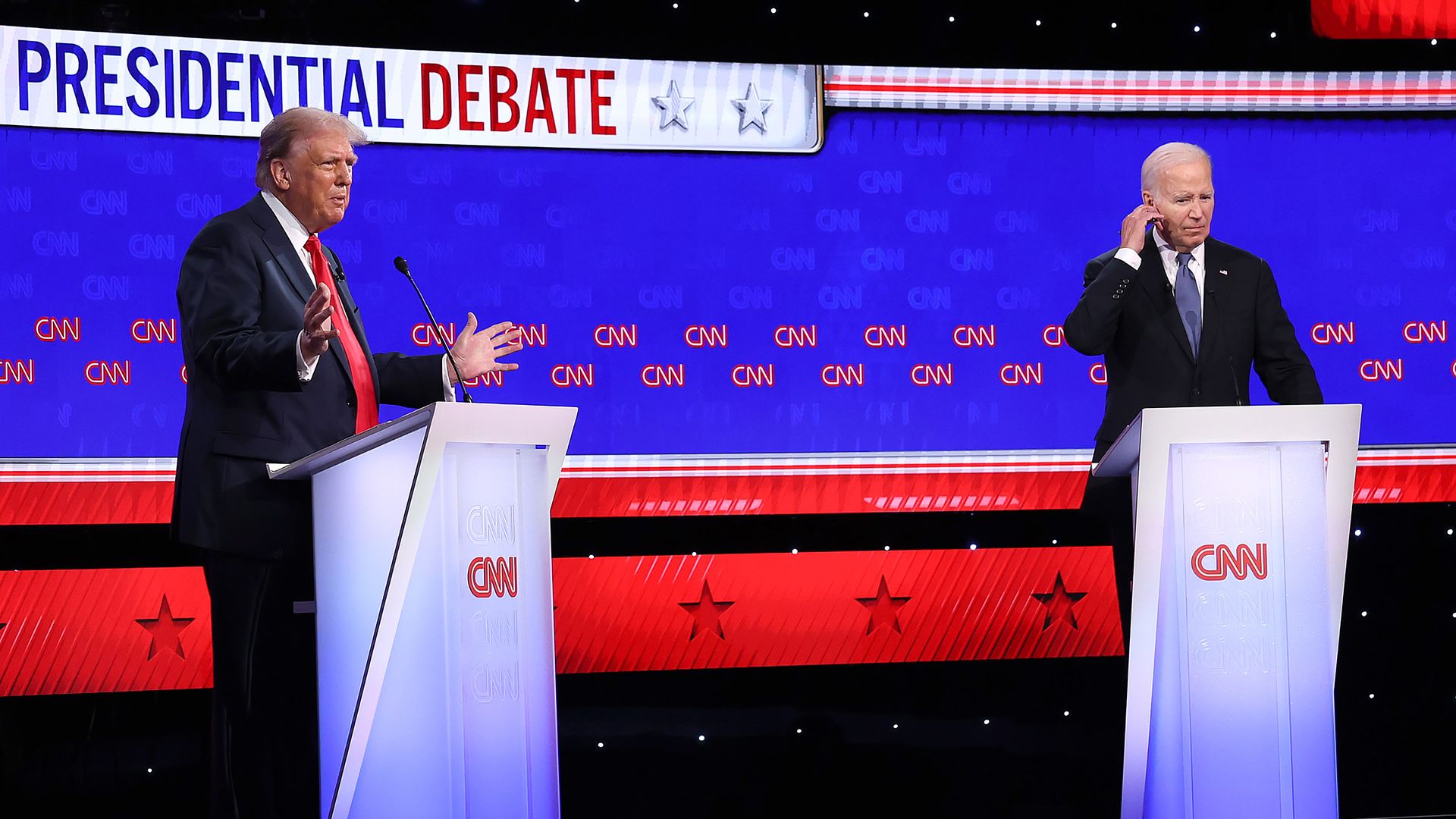 President Joe Biden (R) and Republican presidential candidate, former U.S. President Donald Trump participate in the CNN Presidential Debate at the CNN Studios on June 27, 2024 in Atlanta, Georgia. President Biden and former President Trump are facing off in the first presidential debate of the 2024