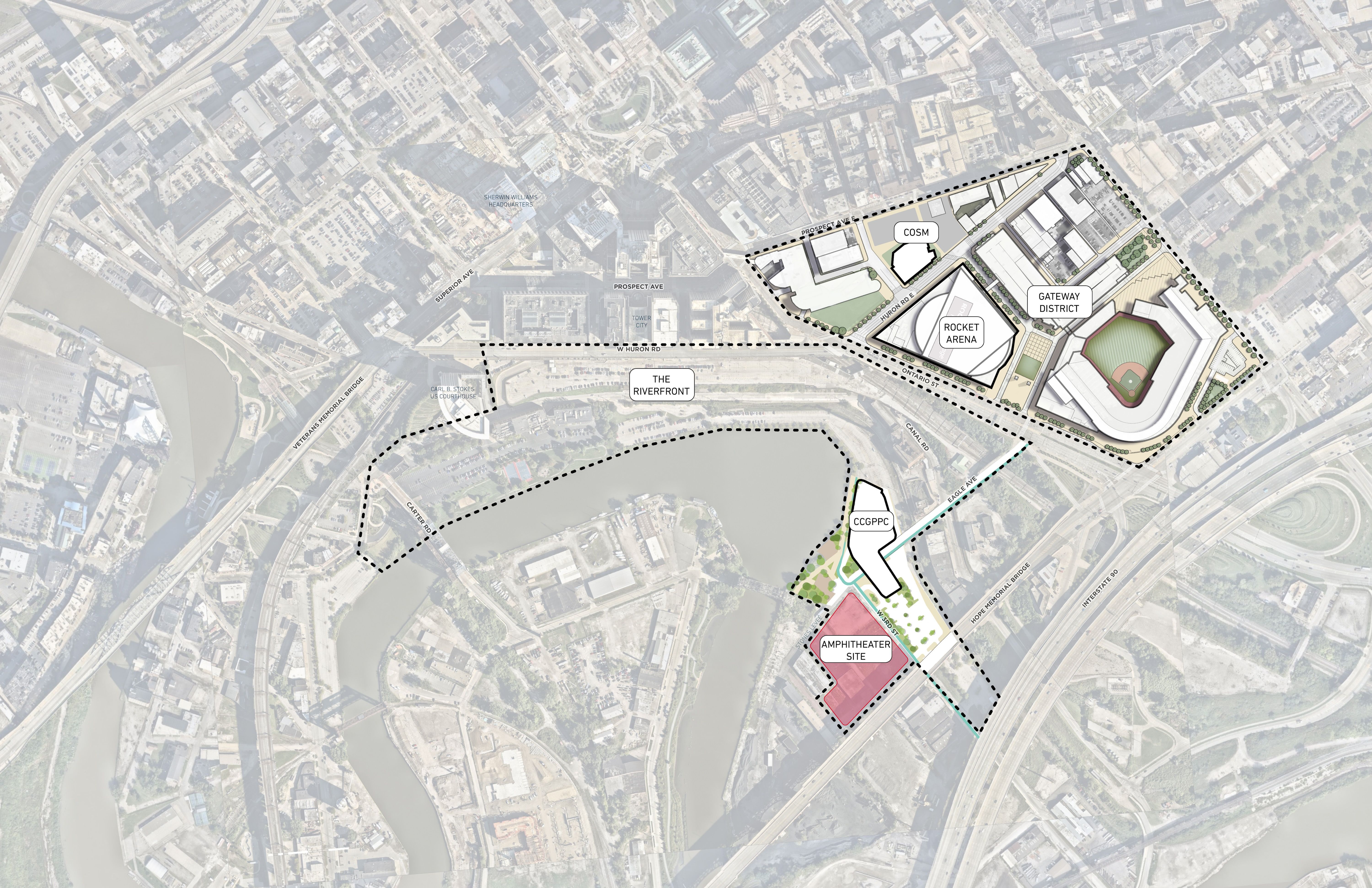 Map showing a riverfront area with labeled zones including "The Riverfront," an amphitheater site in red, CCGPPC, Rocket Arena, Gateway District, and a baseball stadium, with streets and bridges.