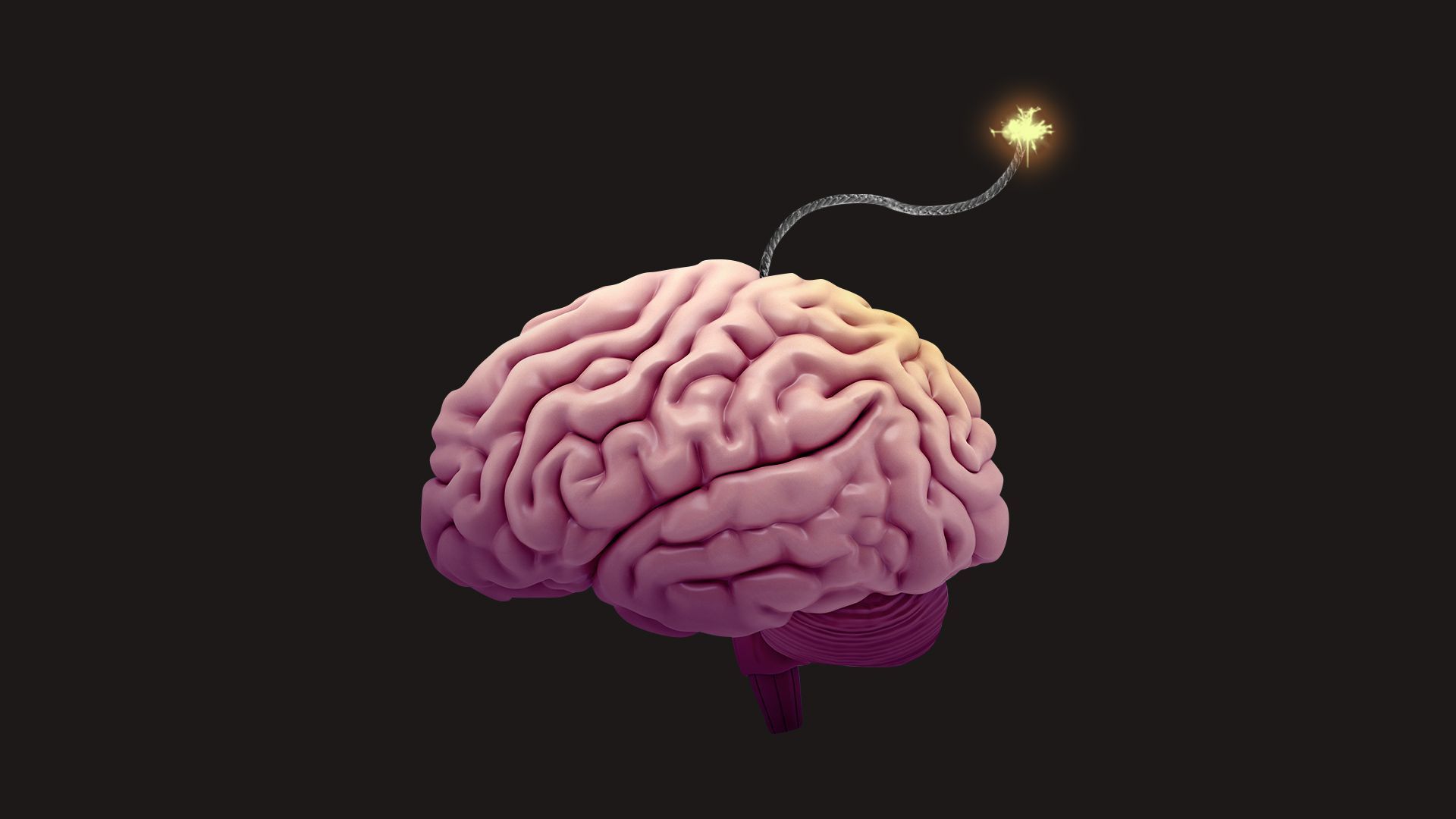 Illustration of a brain with a lit wick as if it were a bomb. 