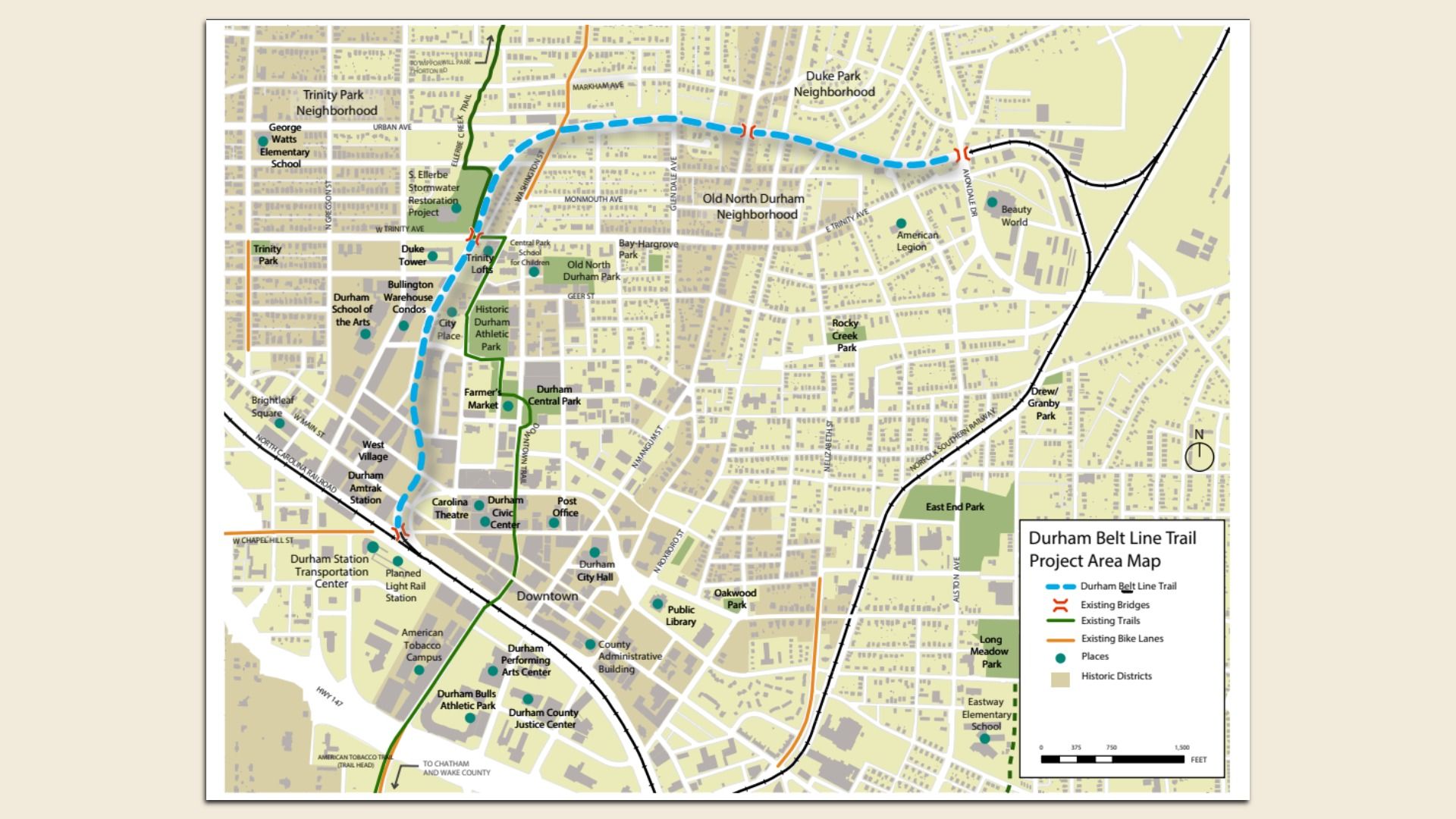 Map of Durham Belt Line Trail project area with blue dashed trail line, green existing trails, orange bike lanes, bridges, parks, schools, and historic districts labeled.