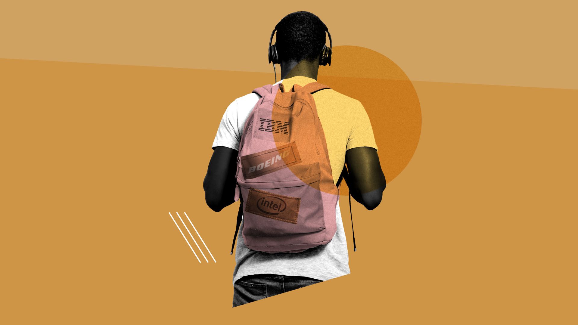 Illustration of a student with IBM, Intel, and Boeing logos on his backpack
