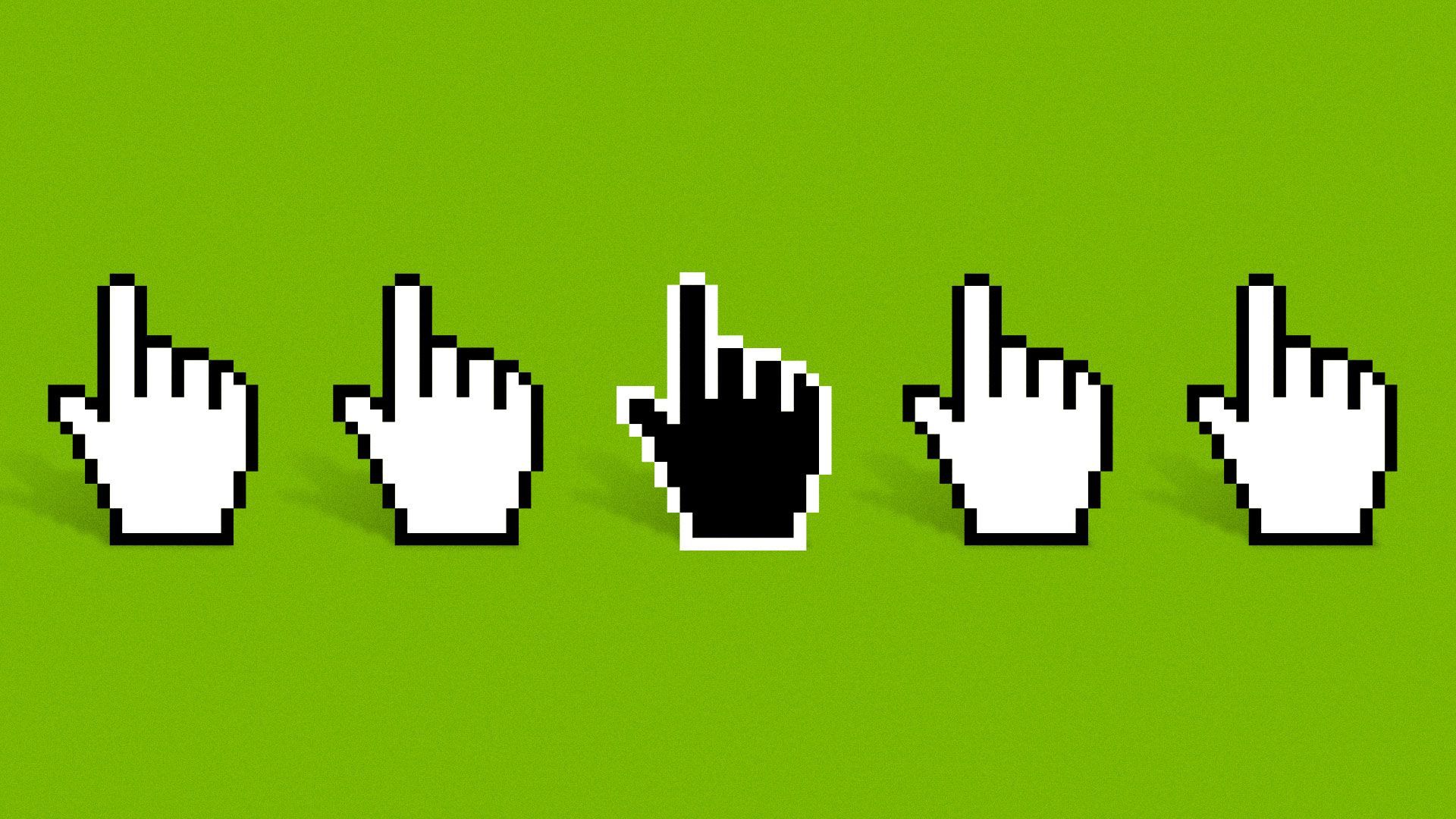 Illustration of five hand cursors, four are white, one is black.