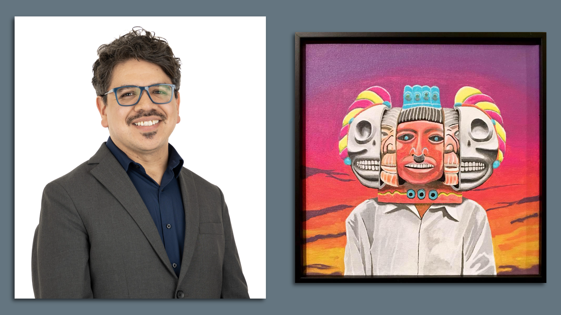 Daniel Del Real and his piece "Mask of the Ages of Man." 