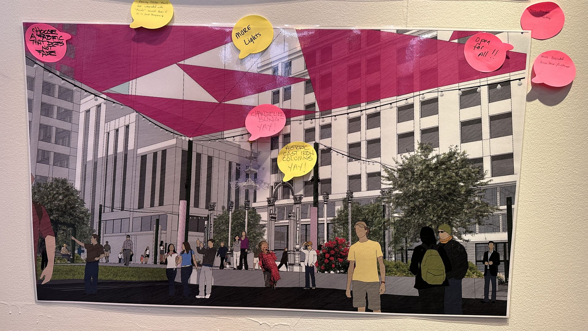 An architectural rendering with speech bubble sticky notes with comments on  people on a plaza