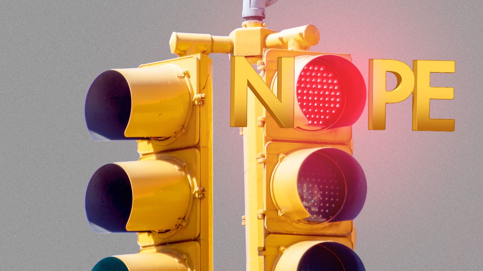 Illustration of a traffic light with the red light lit up and surrounded by letters spelling out NOPE.