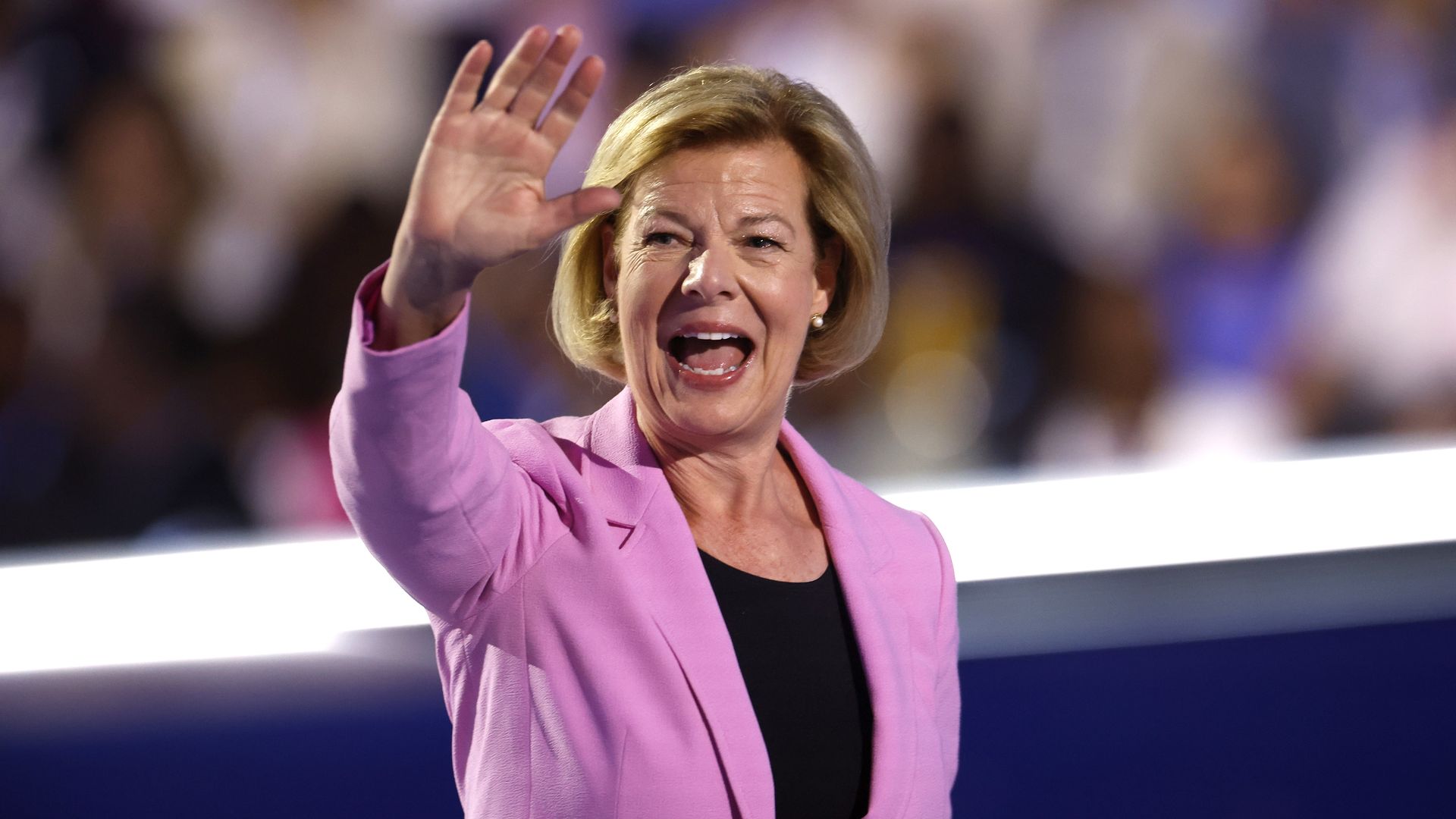 U.S. Sen. Tammy Baldwin (D-WI) departs after speaking on stage during the final day of the Democratic National Convention at the United Center on August 22, 2024 in Chicago, Illinois.