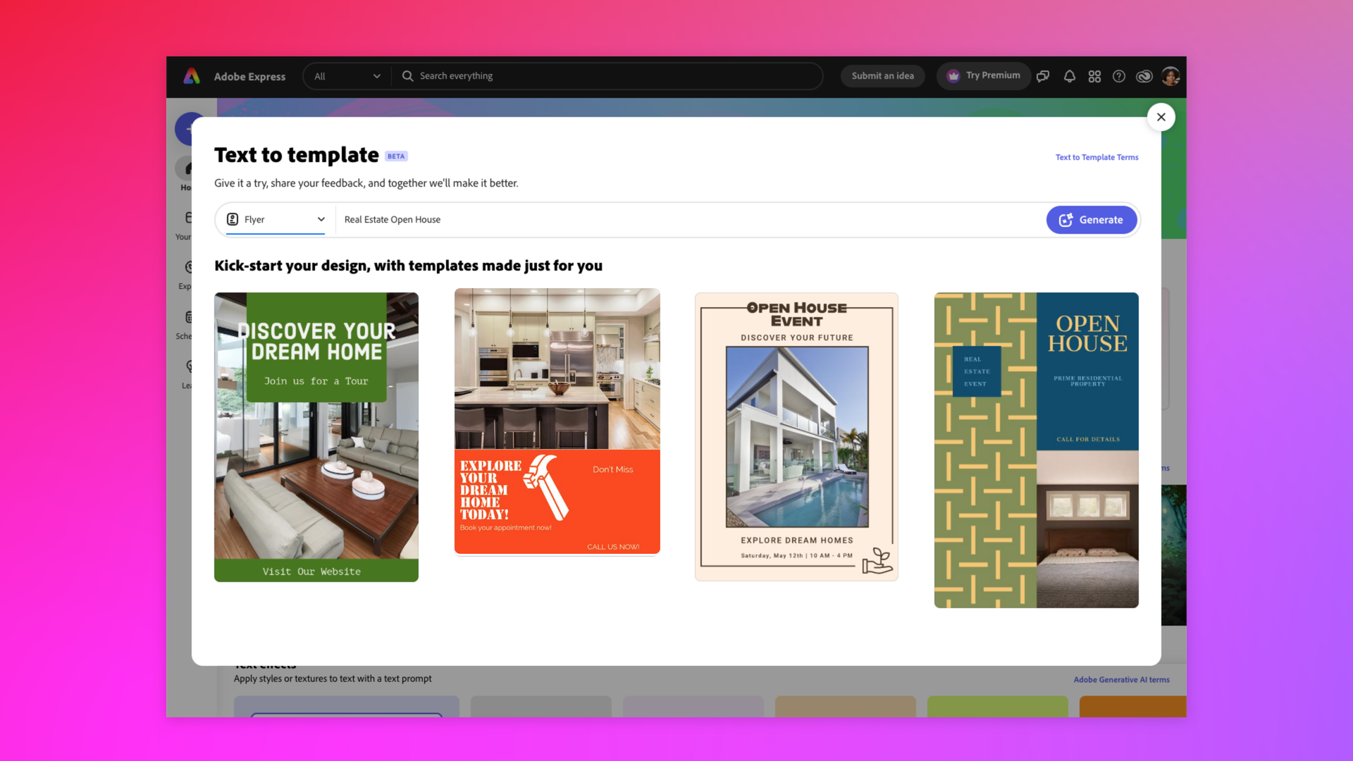 An example of Adobe's text-to-template AI model, here showing its ability to generate an Open House flyer