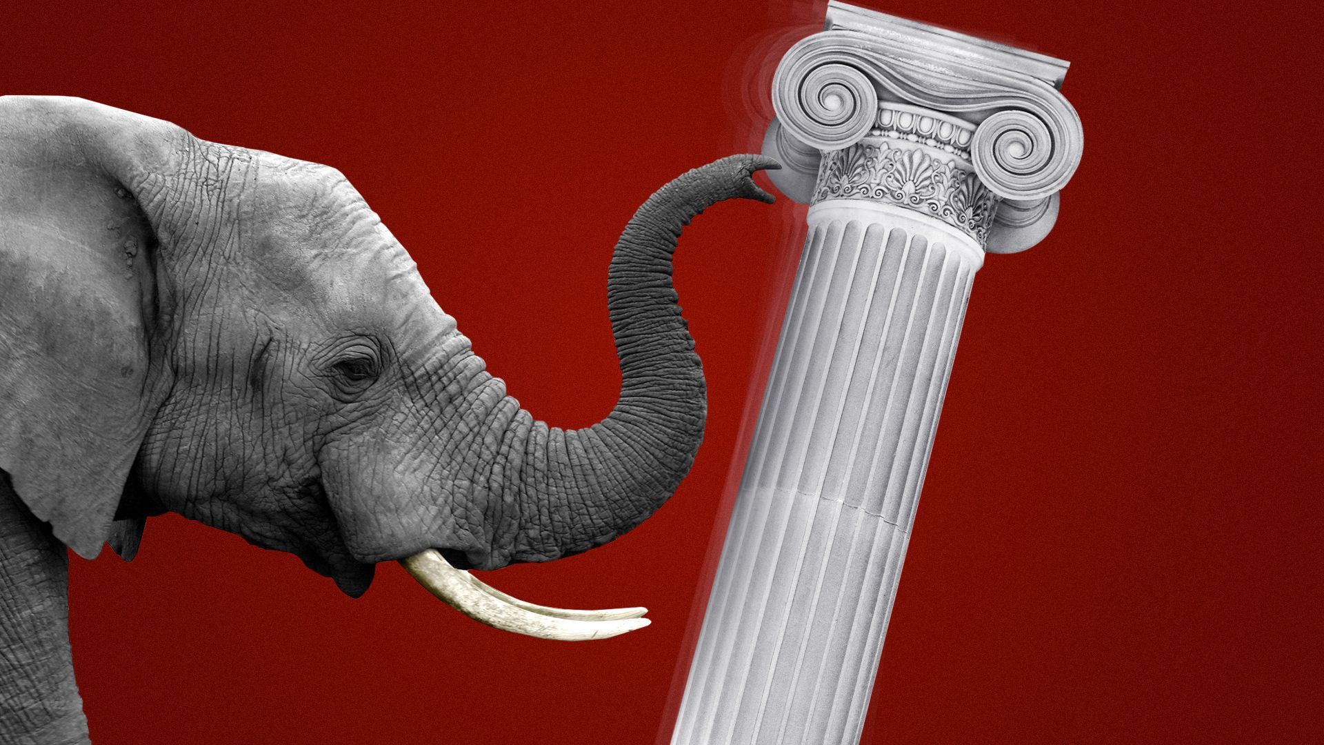 Illustration of an elephant knocking over a column with its trunk and tusks.  