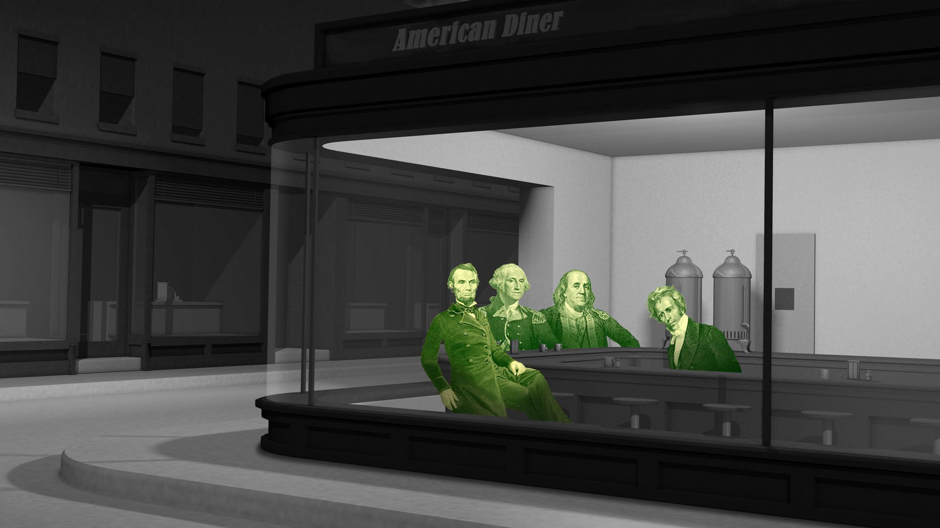 The presidents who are on U.S. currency gathered at a diner