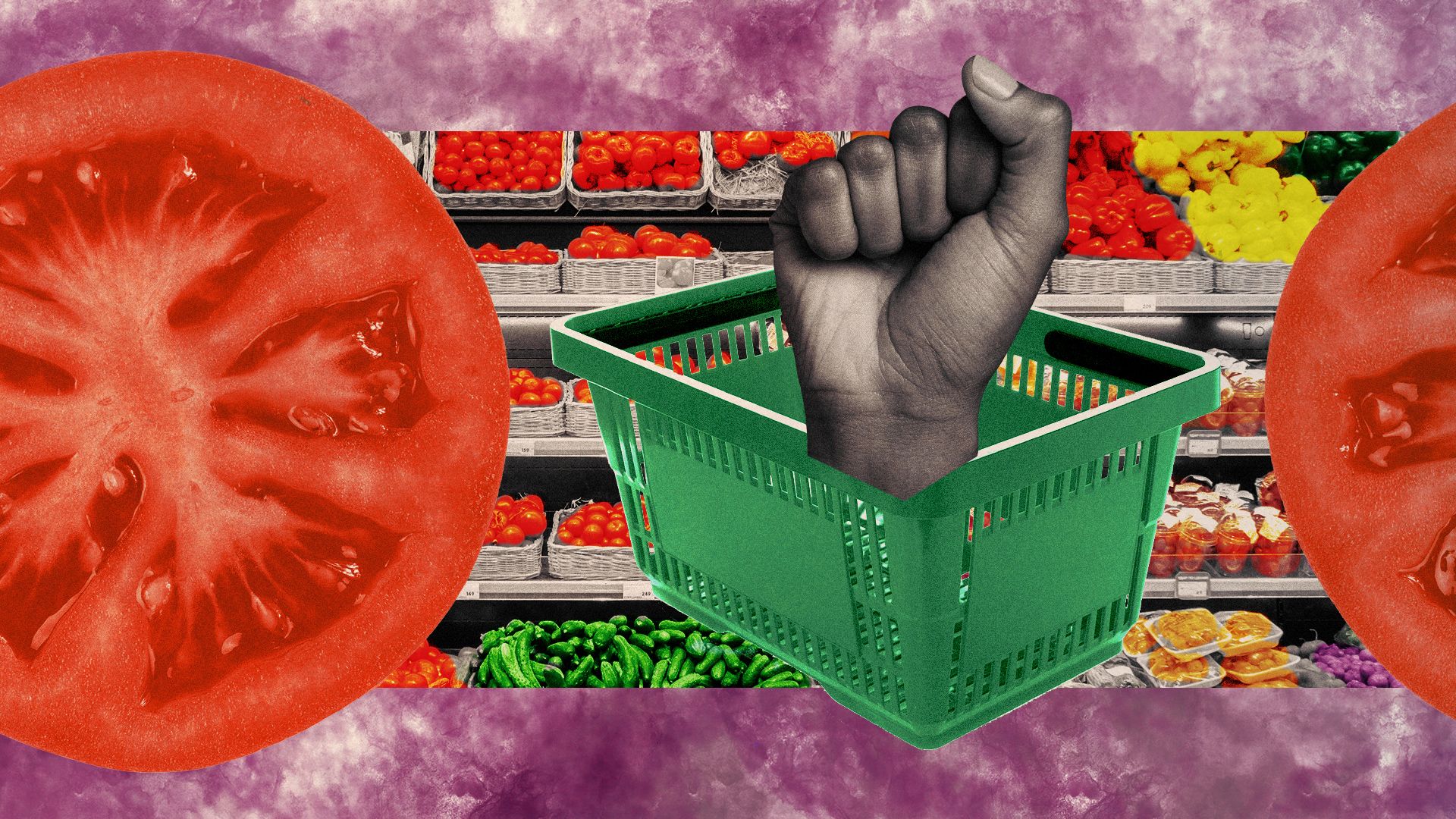 Illustration of a fist and a shopping basket surrounded by tomatoes and supermarket produce shelves.
