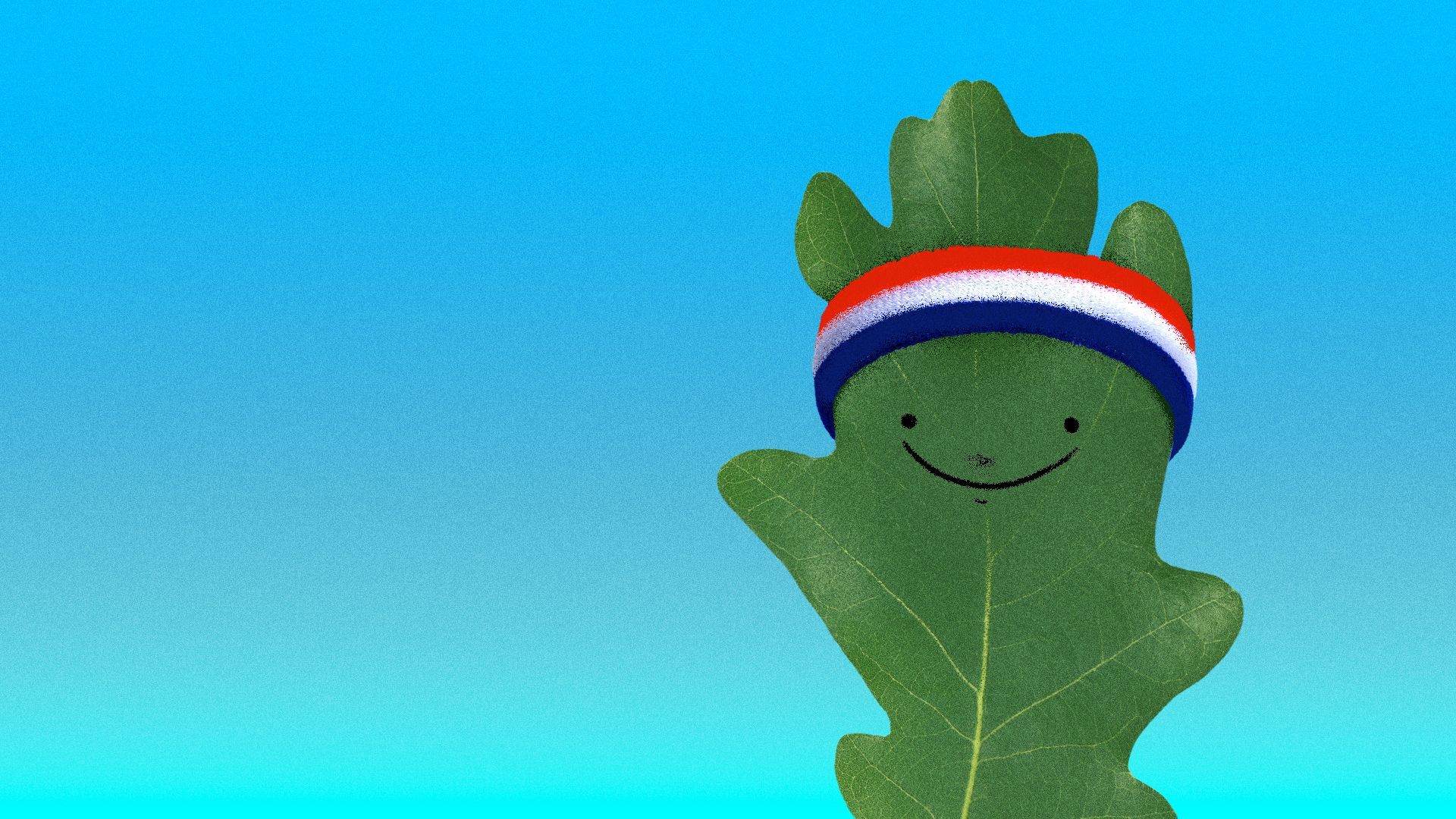Illustration of a smiling oak leaf wearing a sporty headband. 