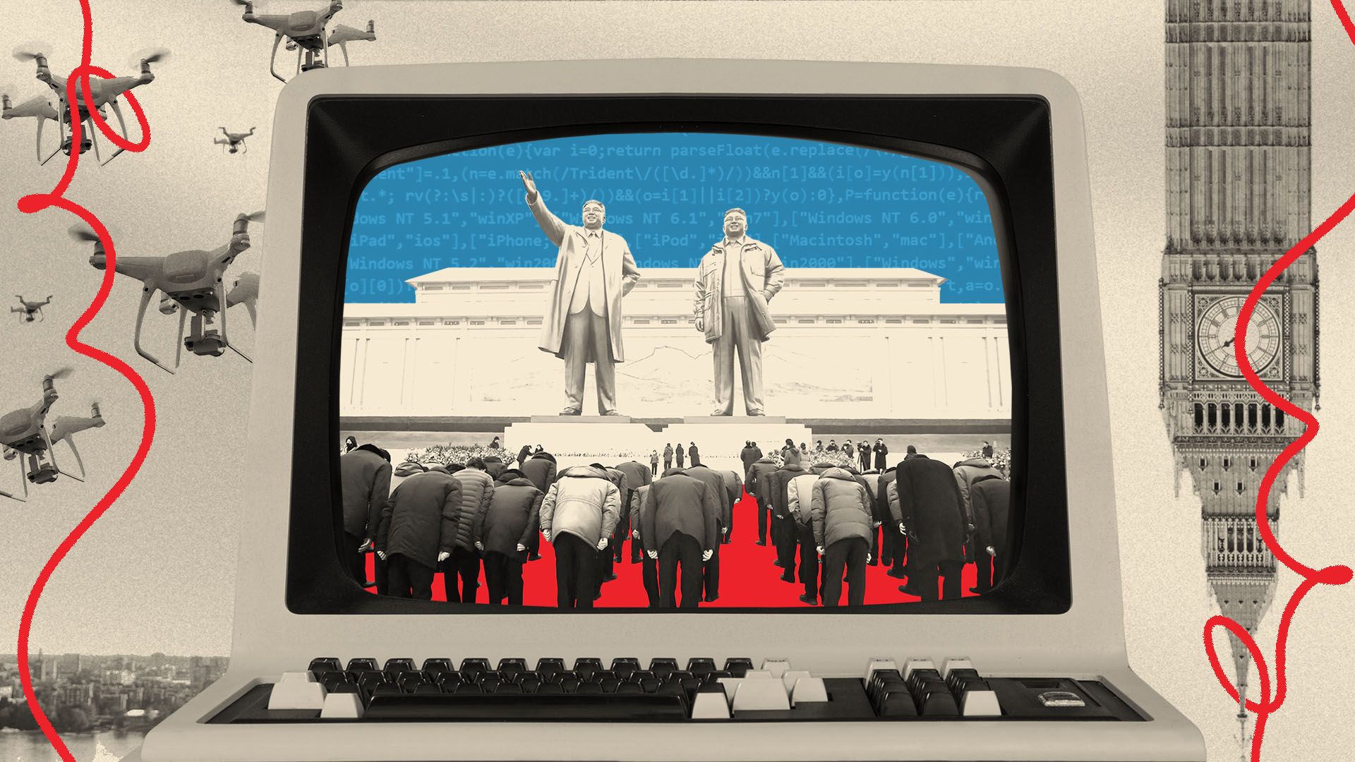 Illustration of a retro computer screen showing people bowing to statues of Kim Il Sung and Kim Jong Il on Mansu Hill, surrounded by drones and Big Ben tower.