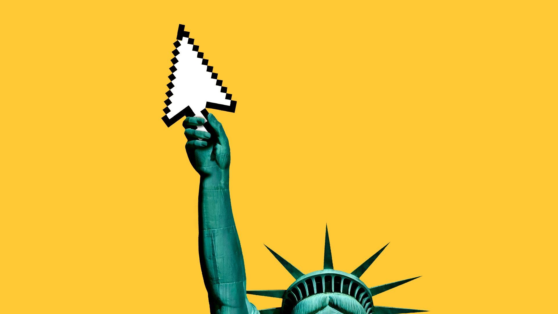 Illustration of the Statue of Liberty holding an arrow cursor instead of a torch. 