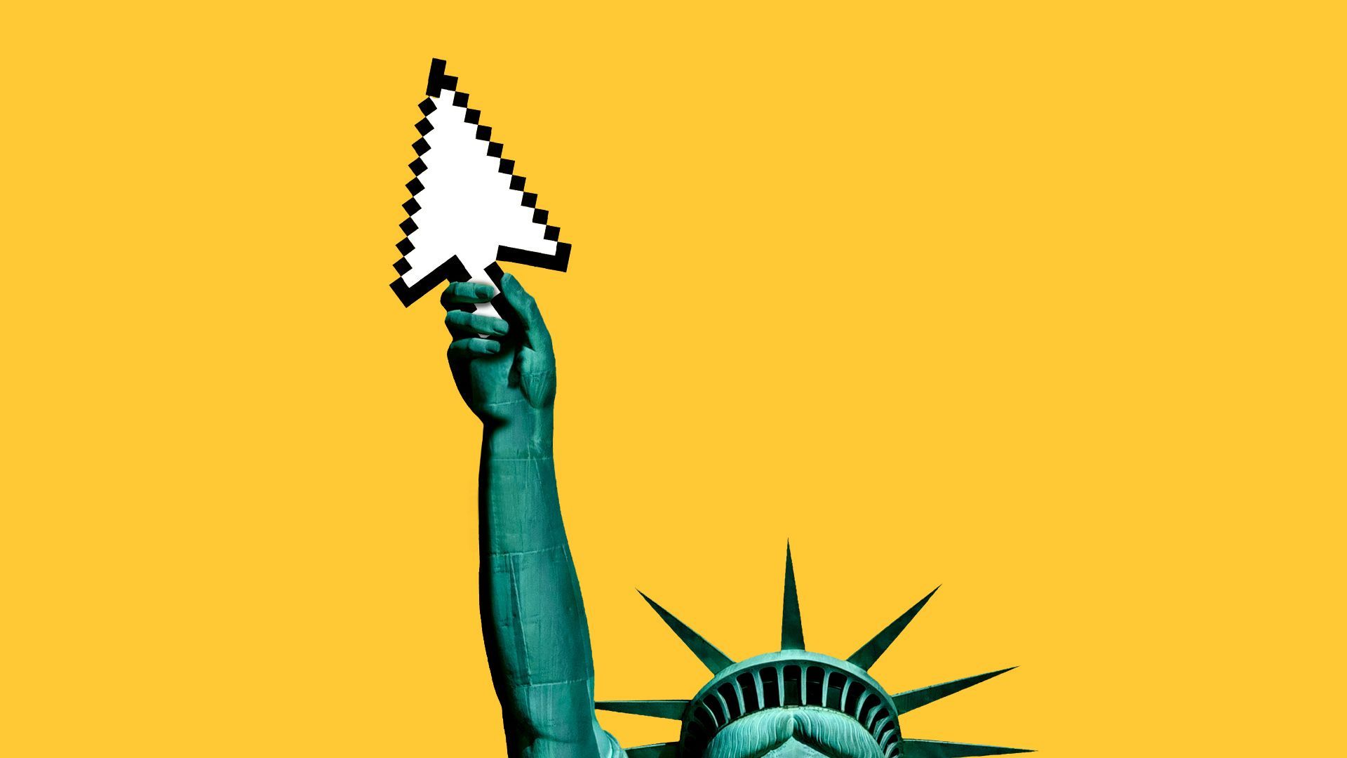 Illustration of the Statue of Liberty holding an arrow cursor instead of a torch.