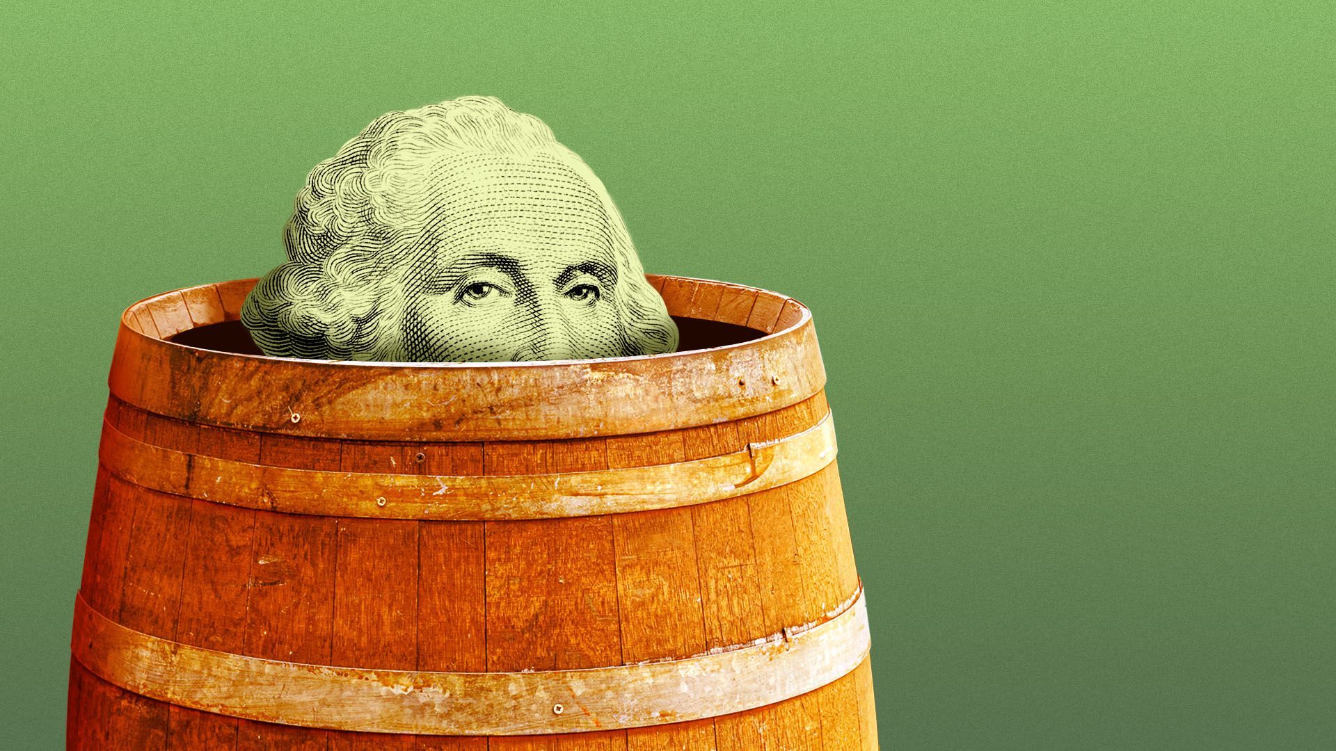Illustration of George Washington from a one dollar bill peeking out of a barrel