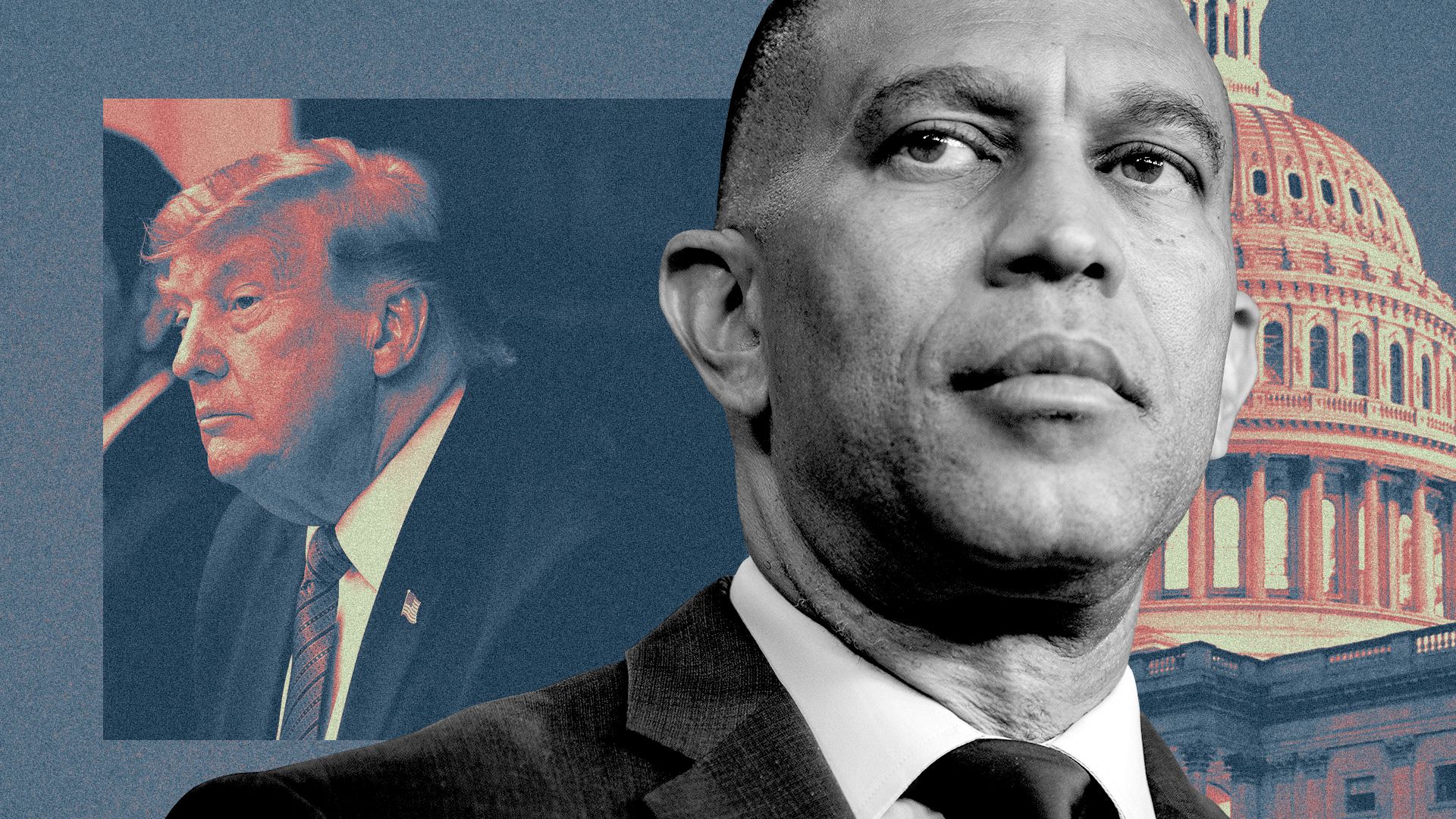 Photo illustration of a collage featuring Hakeem Jeffries, over a smaller holding an image of Donald Trump on the left, and an image of the US Capitol on the right.