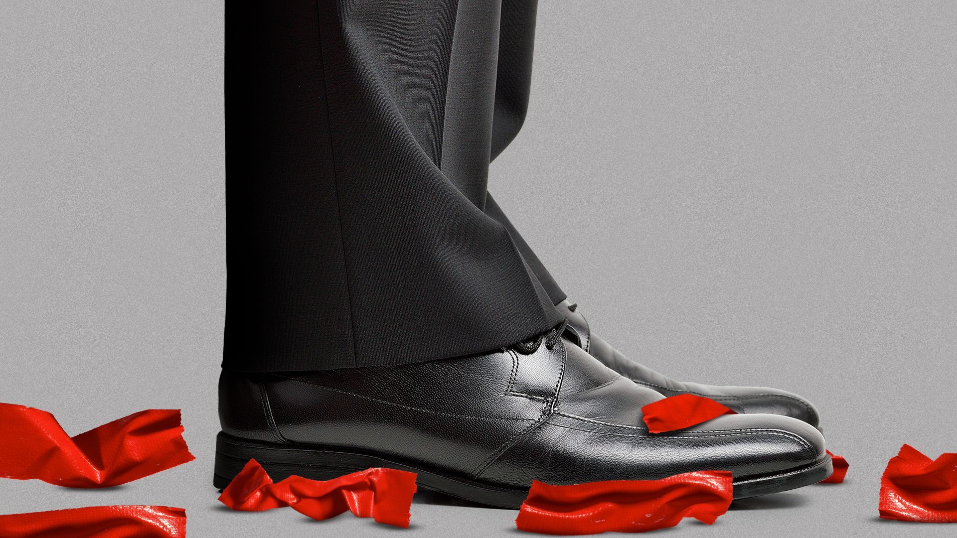Illustration of a pair of business shoes covered in strips of cut red tape. 