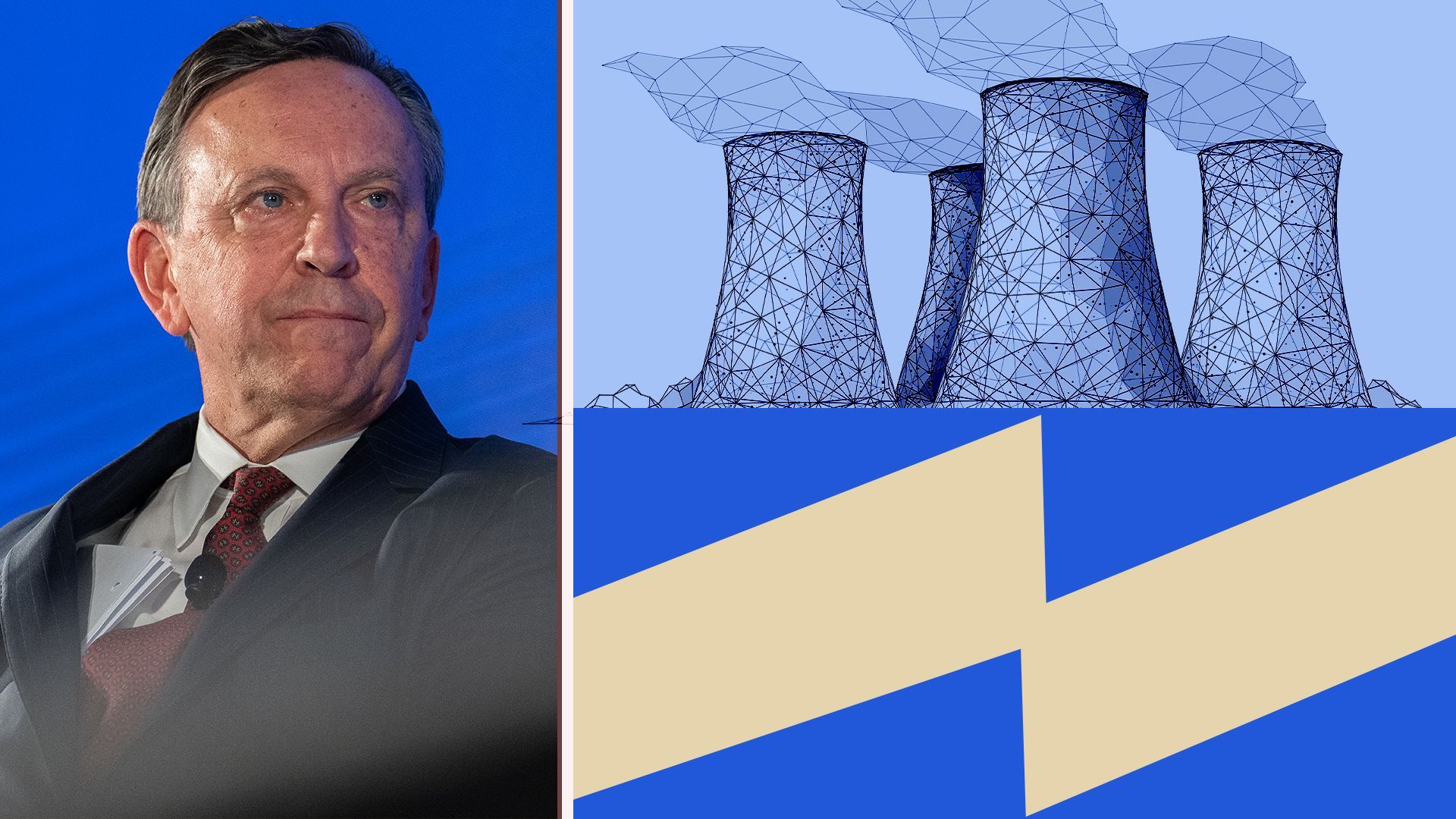 Photo illustration of Justin Driscoll next to a wireframe image of a reactor and above the NYPA logo. 