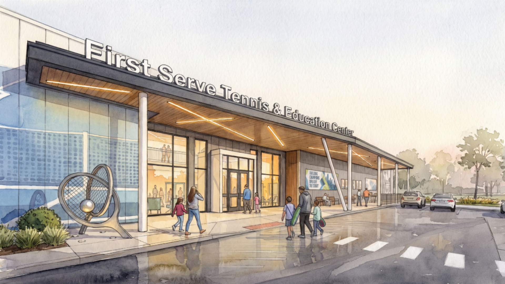 Watercolor-style illustration of a modern building labeled "First Serve Tennis & Education Center," with glass walls, a circular sculpture outside, pedestrians, and a parking lot.
