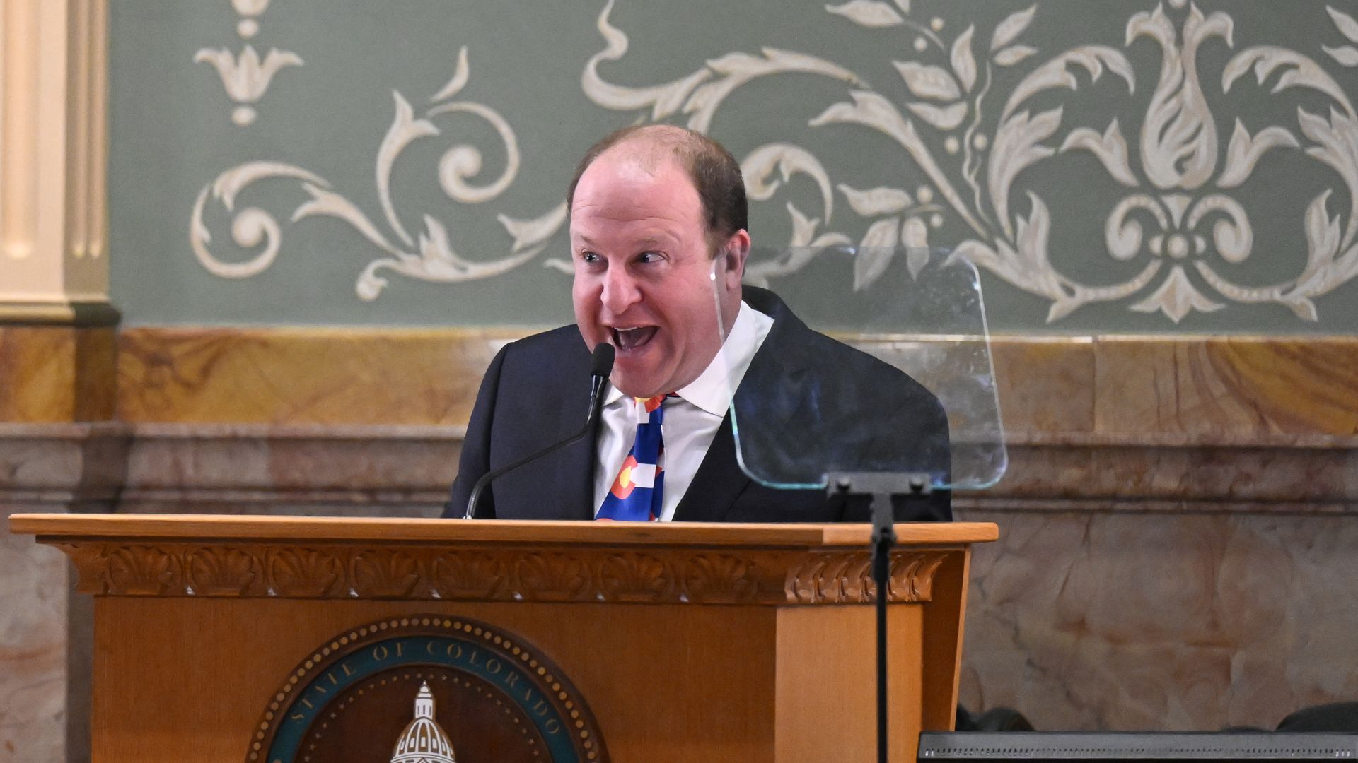 ov. Jared Polis does an impression of Yoda from Star Wars during the 2023 State of the State address Tuesday. Photo: RJ Sangosti/The Denver Post