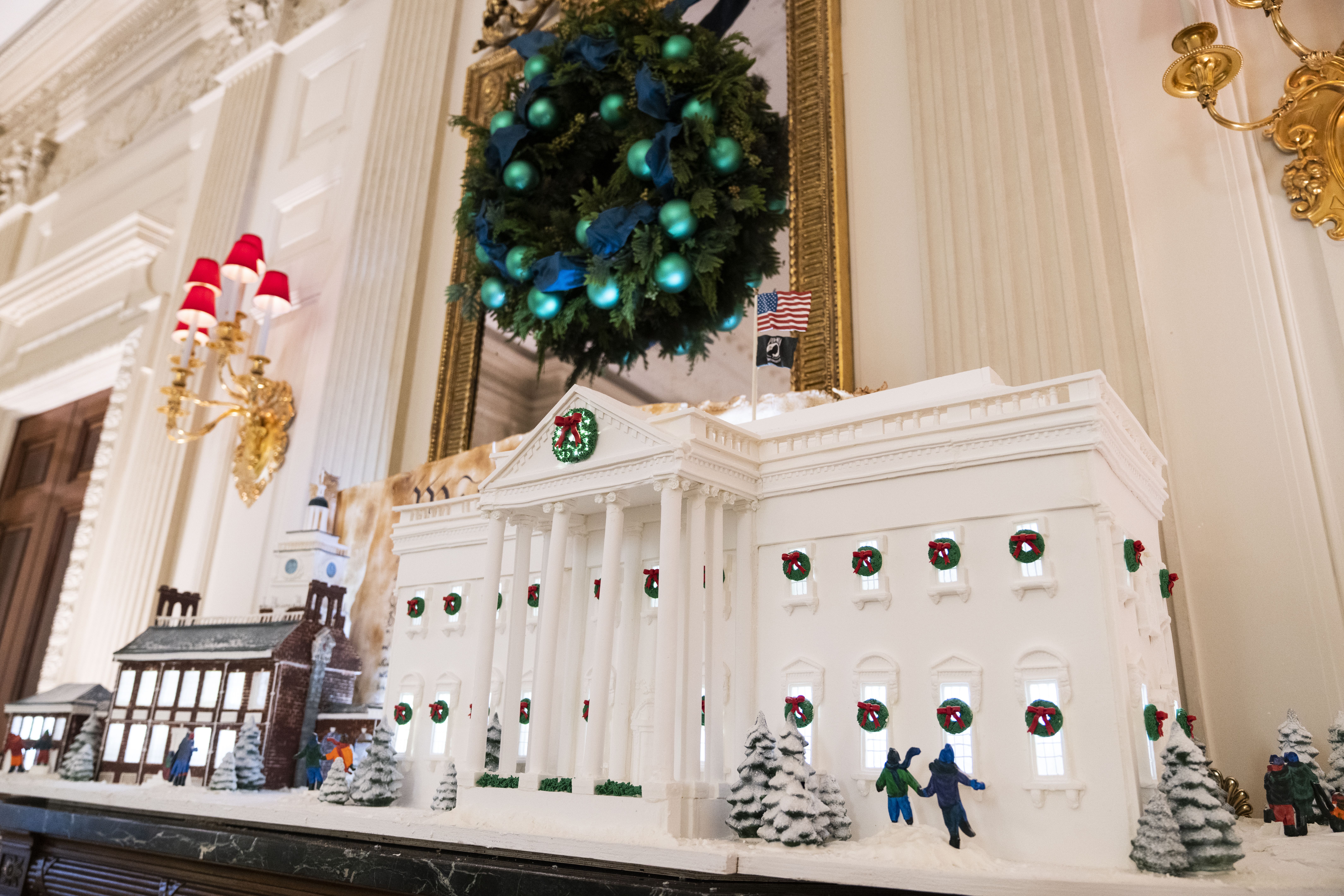 The gingerbread White House in the State Dining room.