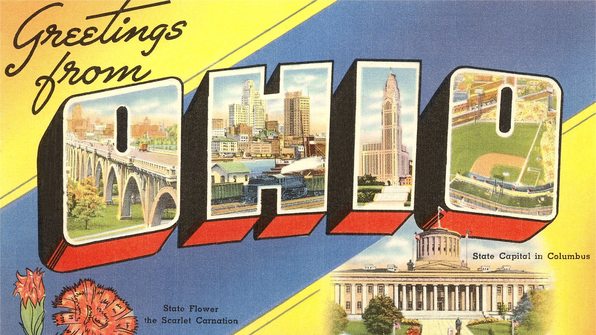 An old postcard reads "Greetings from Ohio," with artwork depicting a bridge, tall buildings, baseball field and the state capitol.

