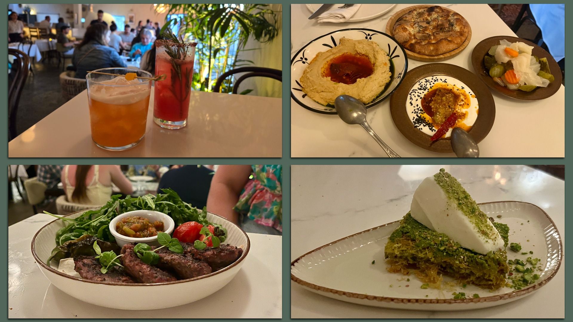 Four images at a restaurant of two bright cocktails, assorted small plates (hummus, flatbread, yogurt dip with eggplant, and pickled veggies), a beef meatball dish with an arugula salad, and a pistachio pastry with vanilla ice cream.