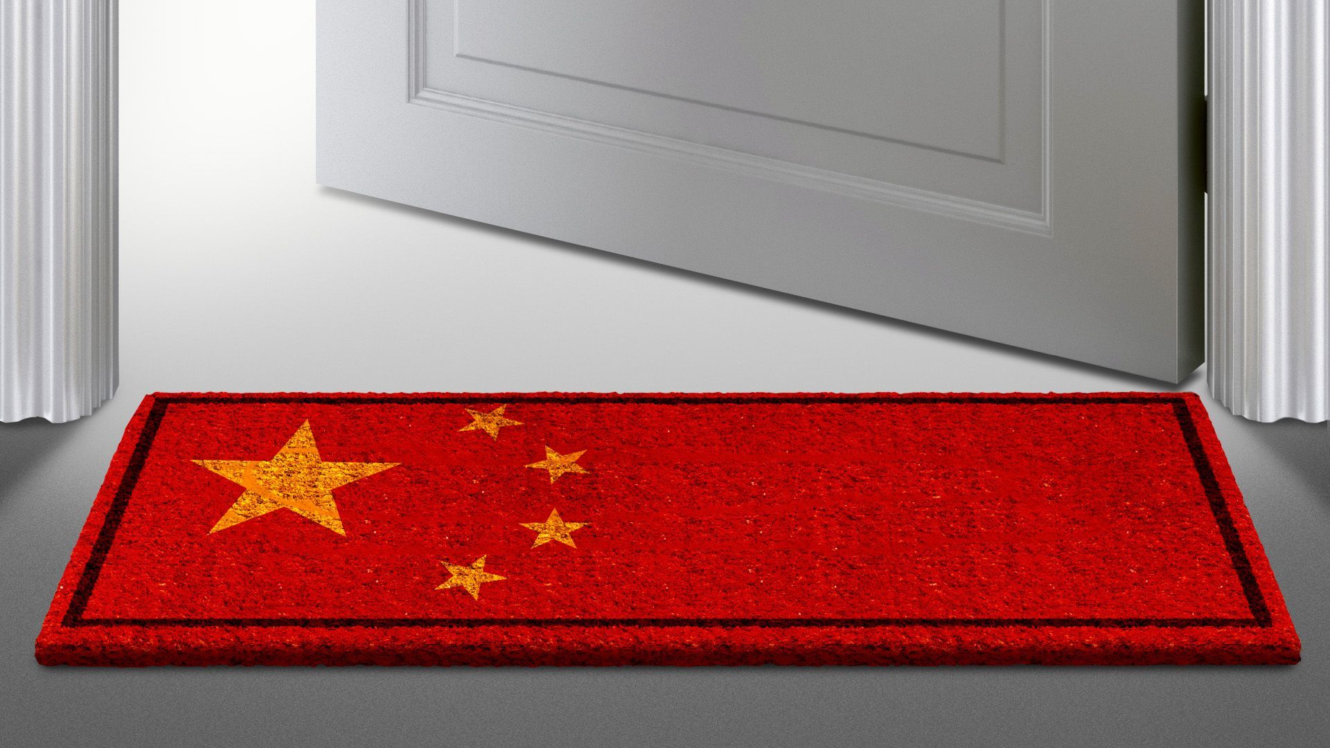 Illustration of a chinese flag door mat in front of an open door