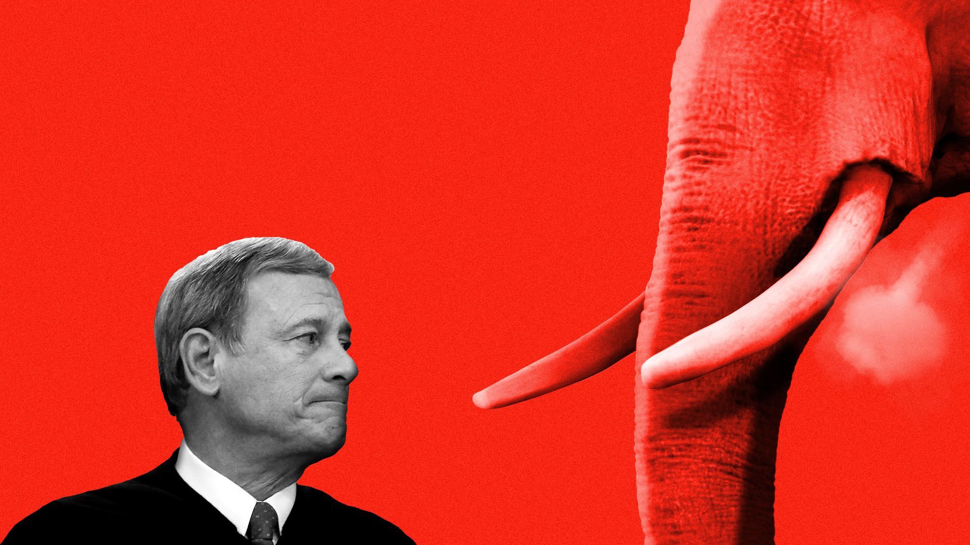 Illustration of an angry elephant next to John Roberts
