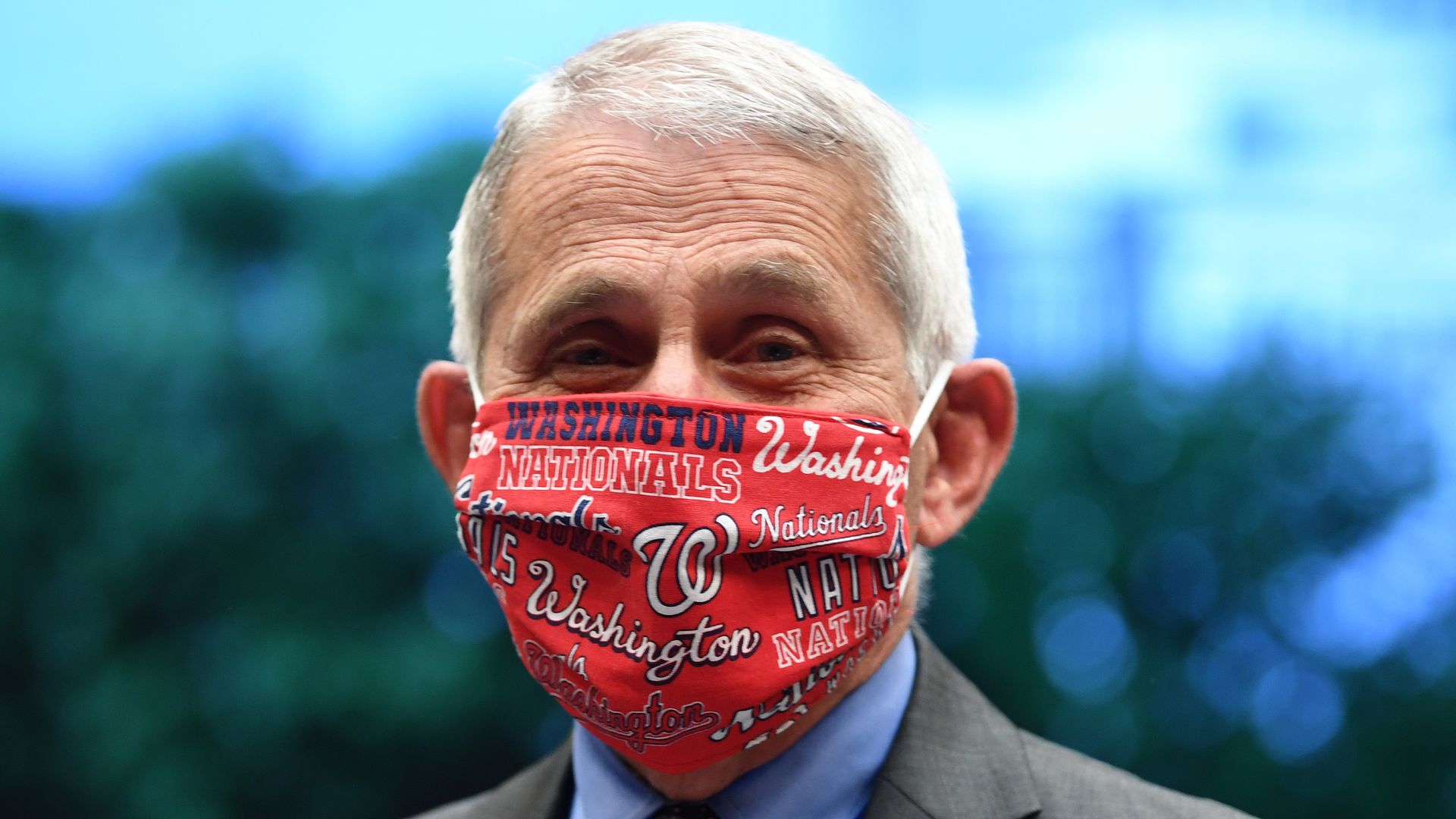 Anthony Fauci wearing a Washington Nationals face mask